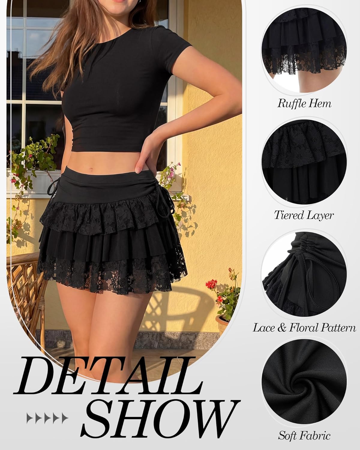 Women Ruffle Mini Skirt Lace Layered Pleated Y2k Skort 2026 Summer Elastic Waist A Line Cute Skirt Casual Flowy - Image 4