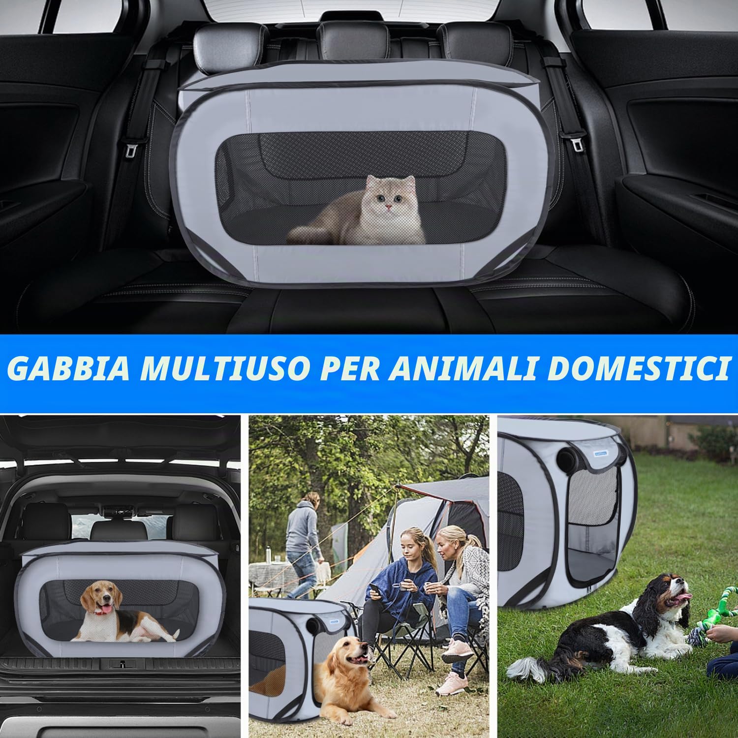 Nobleza Gabbia Portatile per Cani Gatti Auto, Recinto Pieghevole per Cani, Recinto per Animali Domestici in Tessuto Oxford Impermeabile Placcato Argento 210D, Adatto per Interni ed Esterni, 93*54*54cm