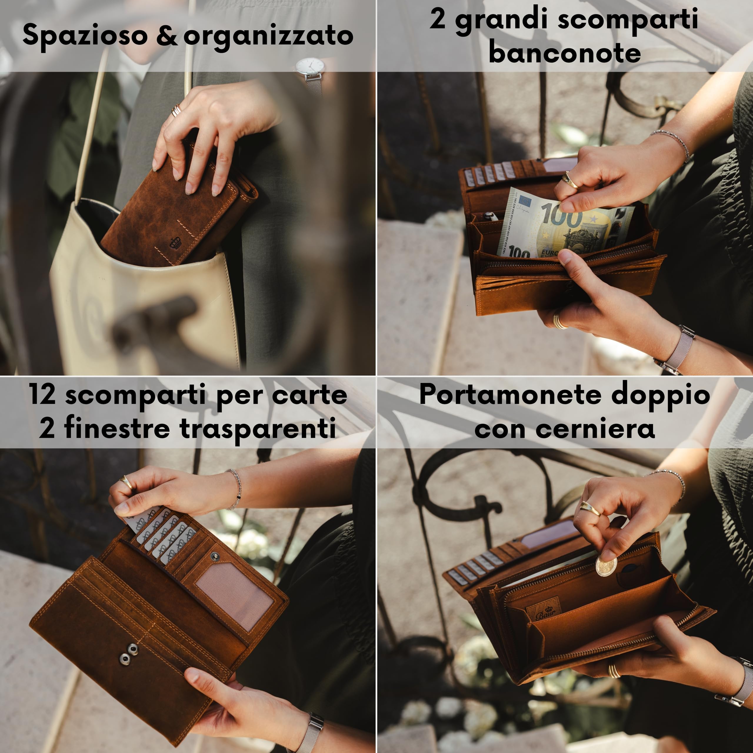 Baur portafoglio donna – vera pelle di bufalo con protezione RFID – portafoglio grande con 12 scomparti per carte – chiusura a bottone a pressione e portamonete con cerniera metallica (Marrone)