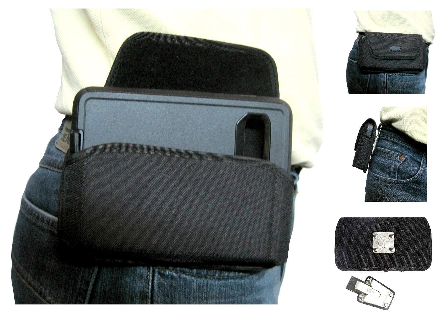 Tekya Nylon Cell Phone Pouch for Samsung Galaxy S10+ Plus Clip Holster, Rugged and Heavy Duty, Phone Belt Holder Fits with (Otterbox Defender/Commuter) Case On Cell Phone (Sideways)