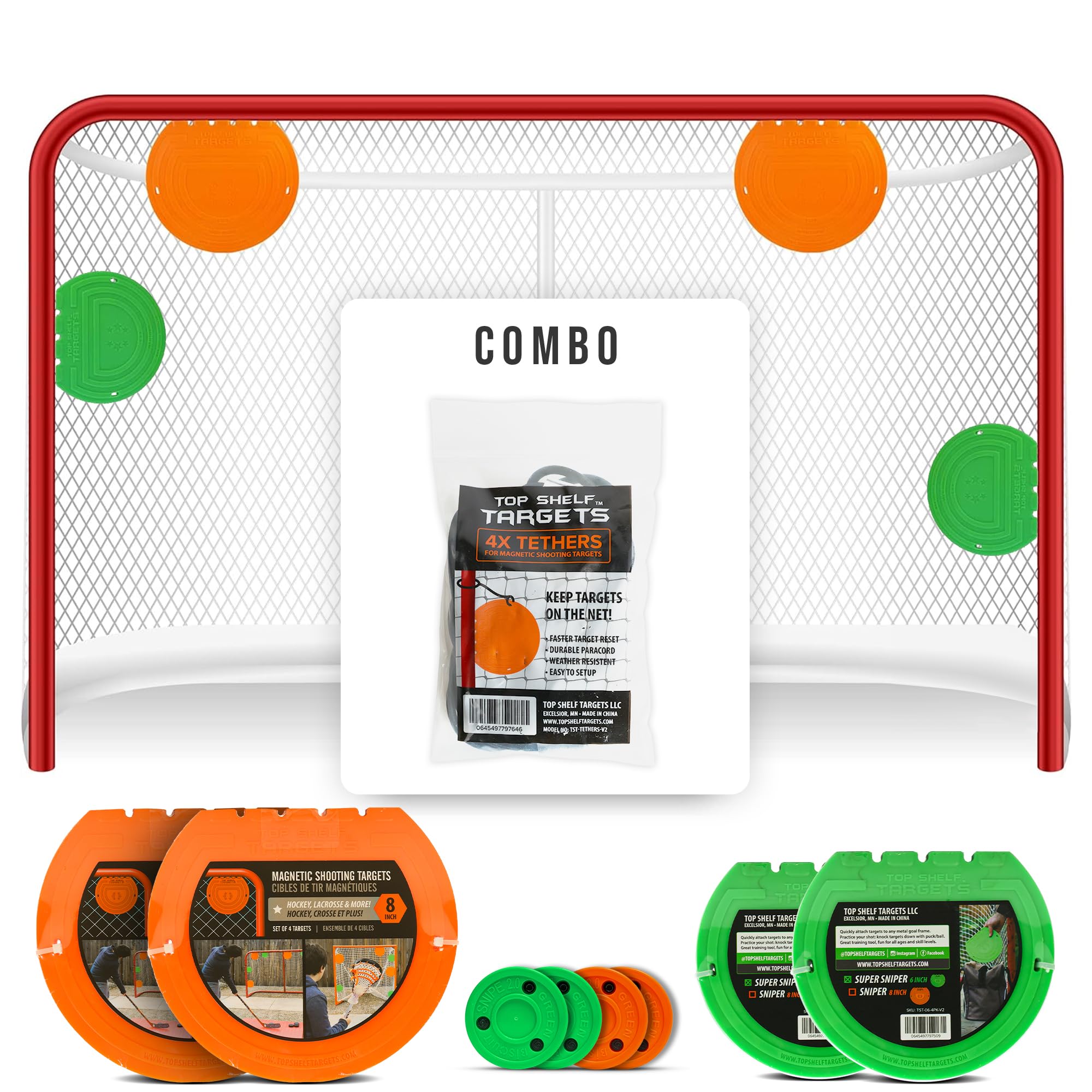 Top Shelf Targets Combo Bundle with Durable Magnetic Hockey Targets/Lacrosse Goal Targets, 4 Tethers and 4 Pucks | Hockey Net Goalie Targets for Shooting Practice and Training