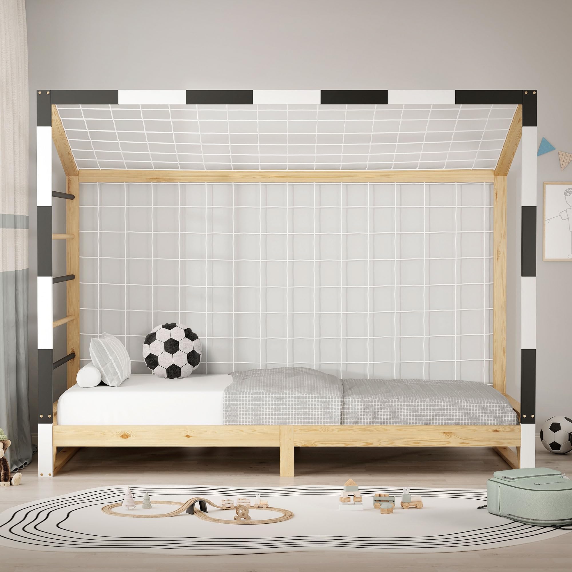 ML-Design Letto Bambini 90x200 cm in Pino Naturale, Struttura a Forma di Porta da Calcio Pallamano Bianco Nero, Rete a Doghe e Scala, Letto Singolo Sportivo, Lettino Basso per Cameretta