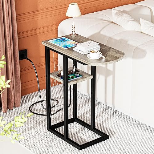 Miniatura 6 de Mesa auxiliar de mesa C con estación de carga, mesa auxiliar en forma de C para sala de estar, dormitorio, mesa para computadora portátil con