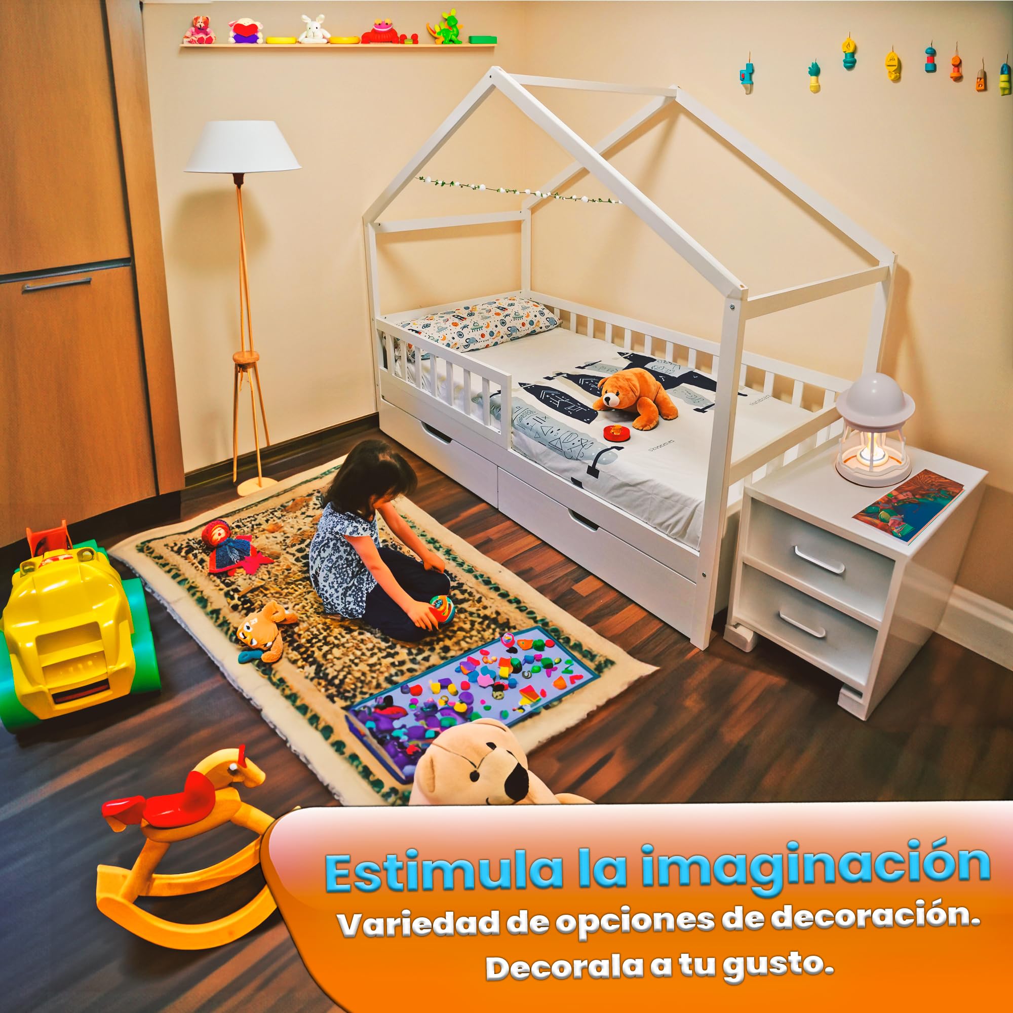 Unicview Cama Infantil Estilo cabaña de Madera Maciza con 2 cajones, Valla y somier, 90 x 200 cm, Color Blanco (sin colchón)