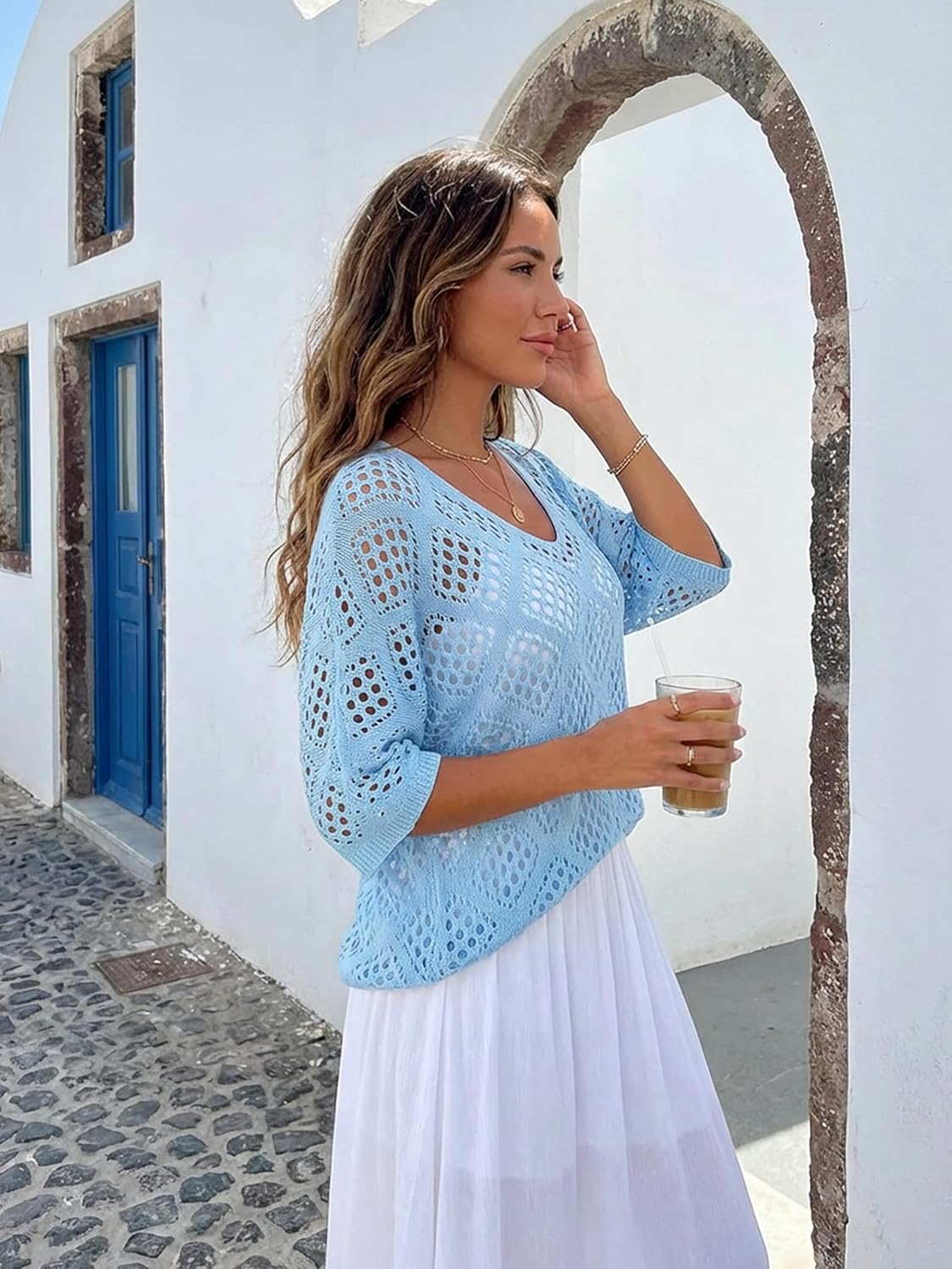 Womens Crochet Top Lightweight V-Neck Boho Hollow Out Knit Sweater Casual Oversized Beach Cover Up for Spring Summer
