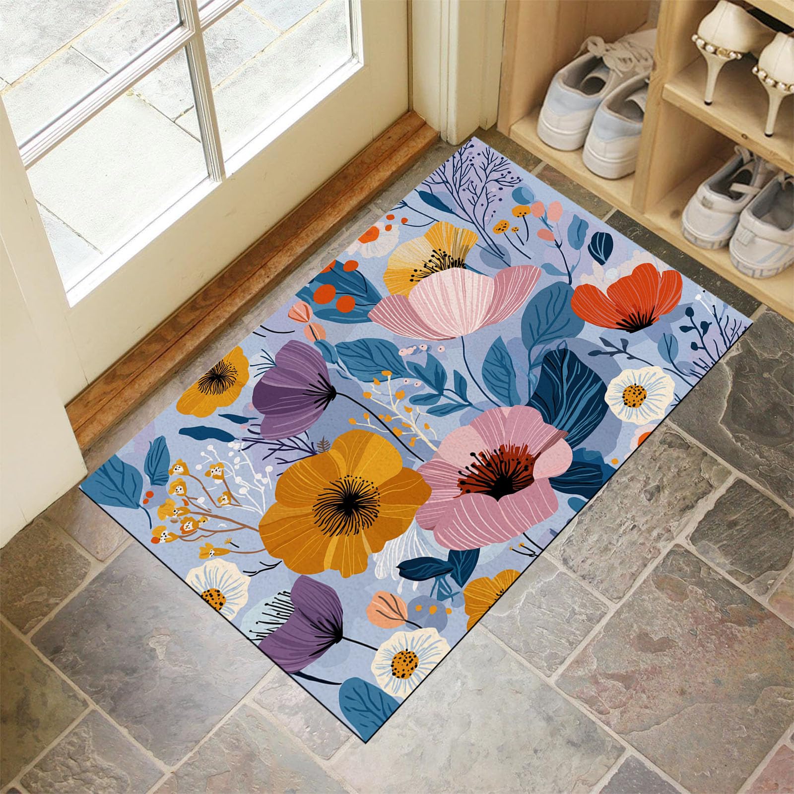 Paillasson Coquelicot Abstrait fleur scandinave bleu clair pour une entrée intérieure accueillante