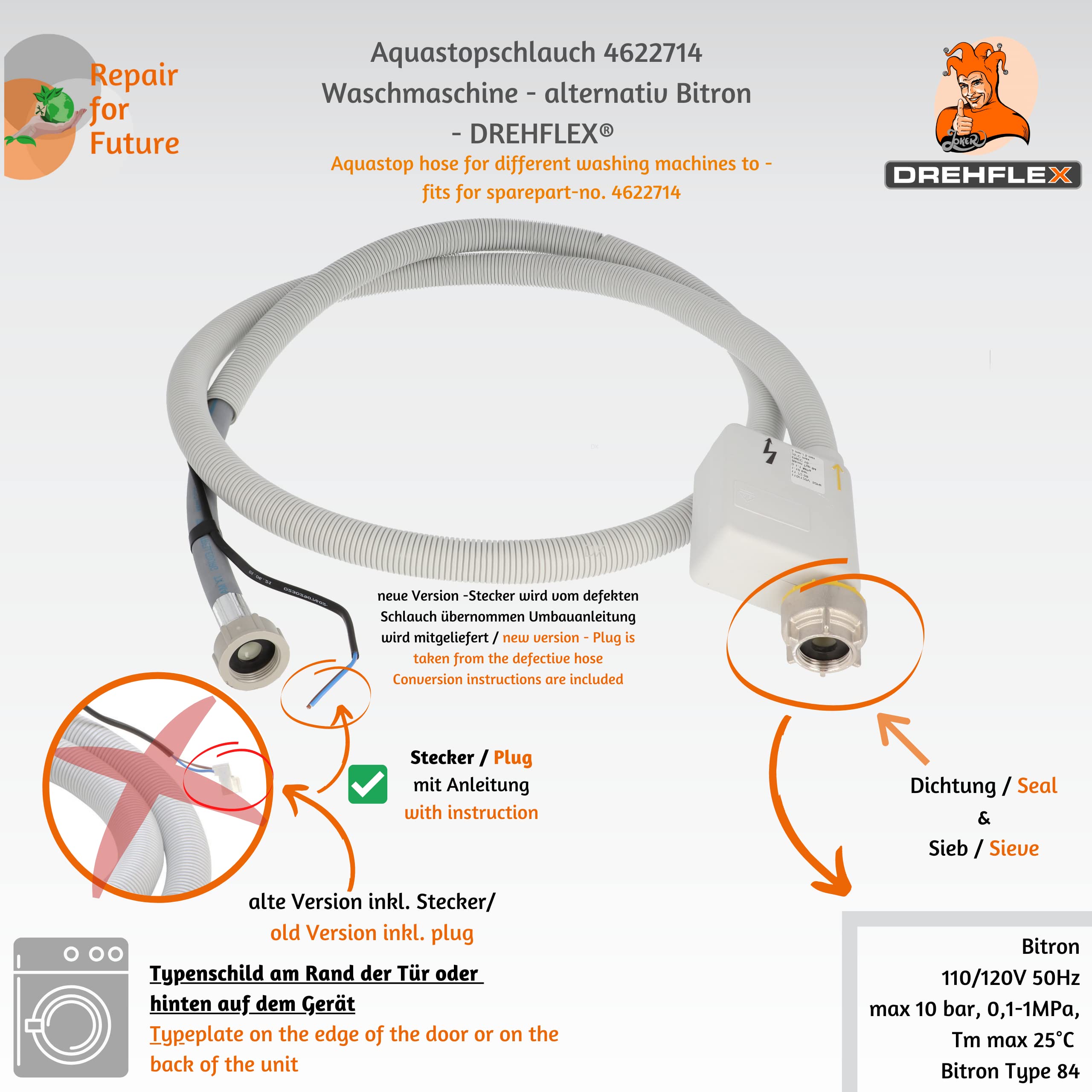 ORIGINAL BITRON - Aquastopp/Aquastopschlauch/WPS Zulaufschlauch elektrisch – für diverse Waschmaschine Miele für Teile-Nr. 4622714/04622714 / 4061335 - BITRON Typ 84