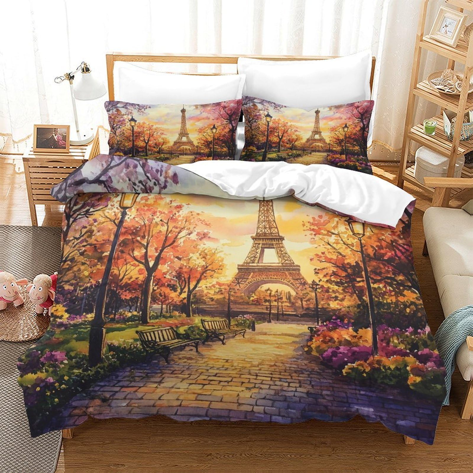 Parure de lit Tour Eiffel 3D 260x220 microfibre douce déco chambre fille et garçon