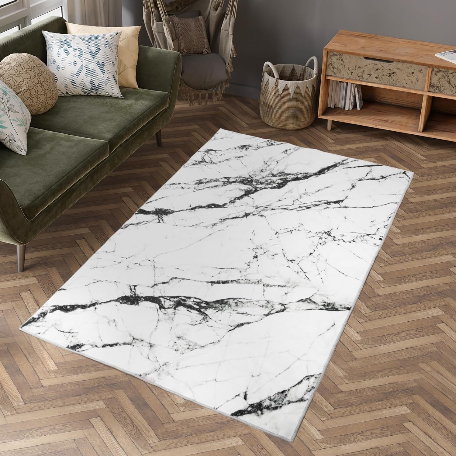 Asrug 4X6 Area Rugs for Living Room, Black Marble Washable Rugs Carpet with Non-Slip Backing, Low-Pile Floor Non-Shedding Mat Indoor Rug for Dining Room Under Table, Bedroom Enterway, 4X6ft