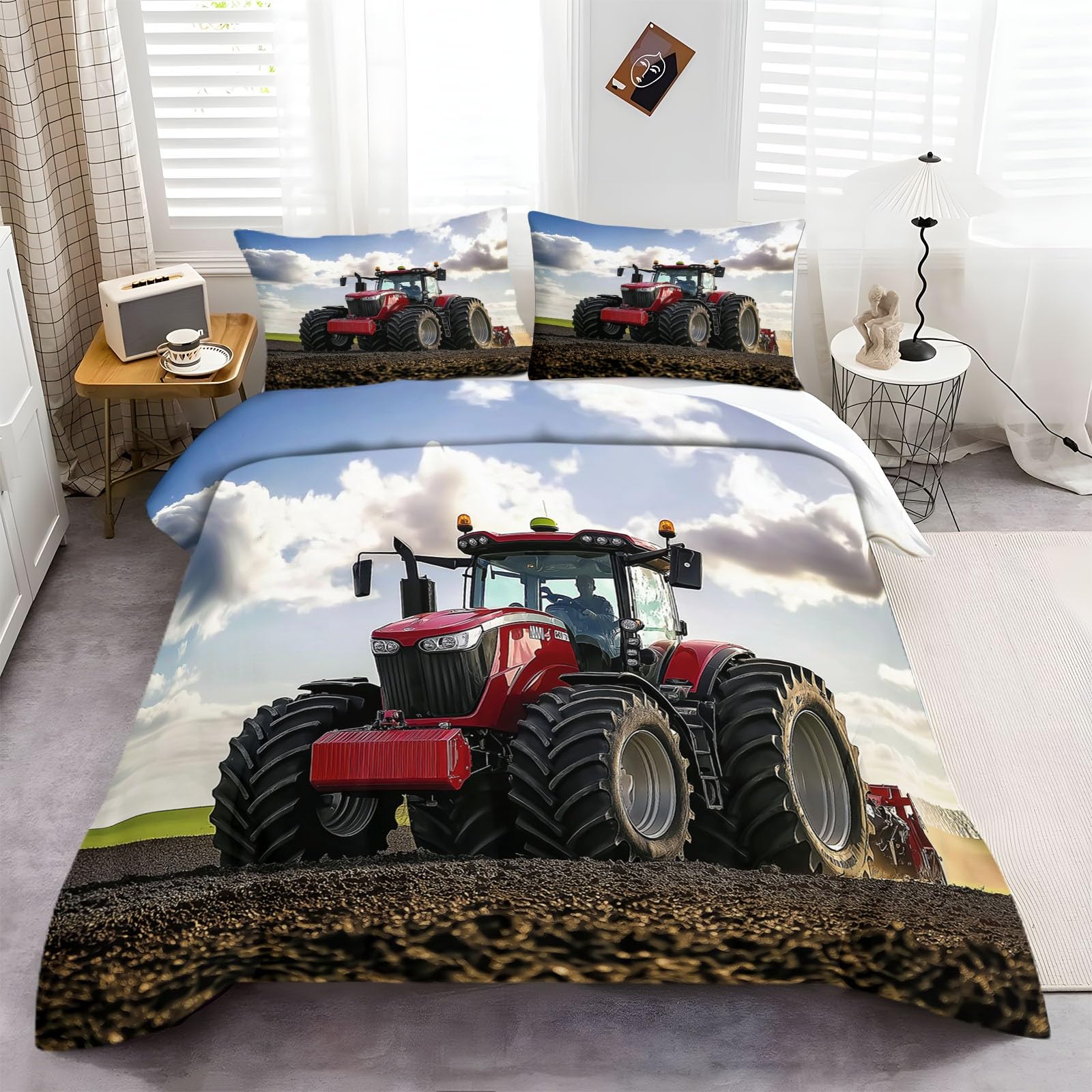 Generisch Bettwäsche-Sets 155x220cm Roter Traktor Bettwäsche 3 Teilig, Weich Atmungsaktiv Polyester-Baumwolle Bettbezug Set mit Reißverschluss, 2 Kissenbezüge 80x80 cm
