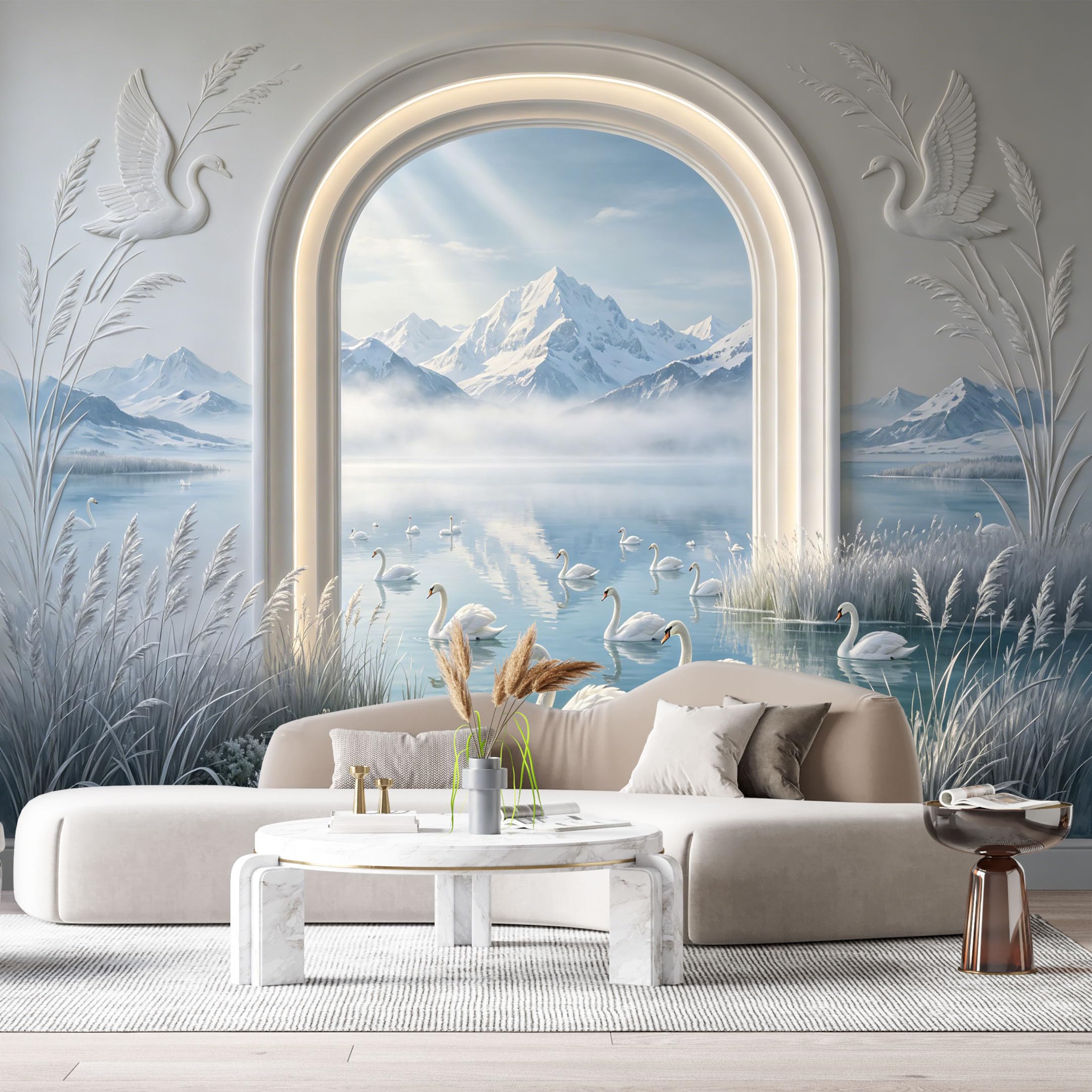 Custom Size Wall Murals Swan Lake Mountain Landscape 3D Trompe L'Oeil SelfAdhesiveWall Fabric Removable Wallpaper Wall Decor for Living Room Bedroom Bathroom