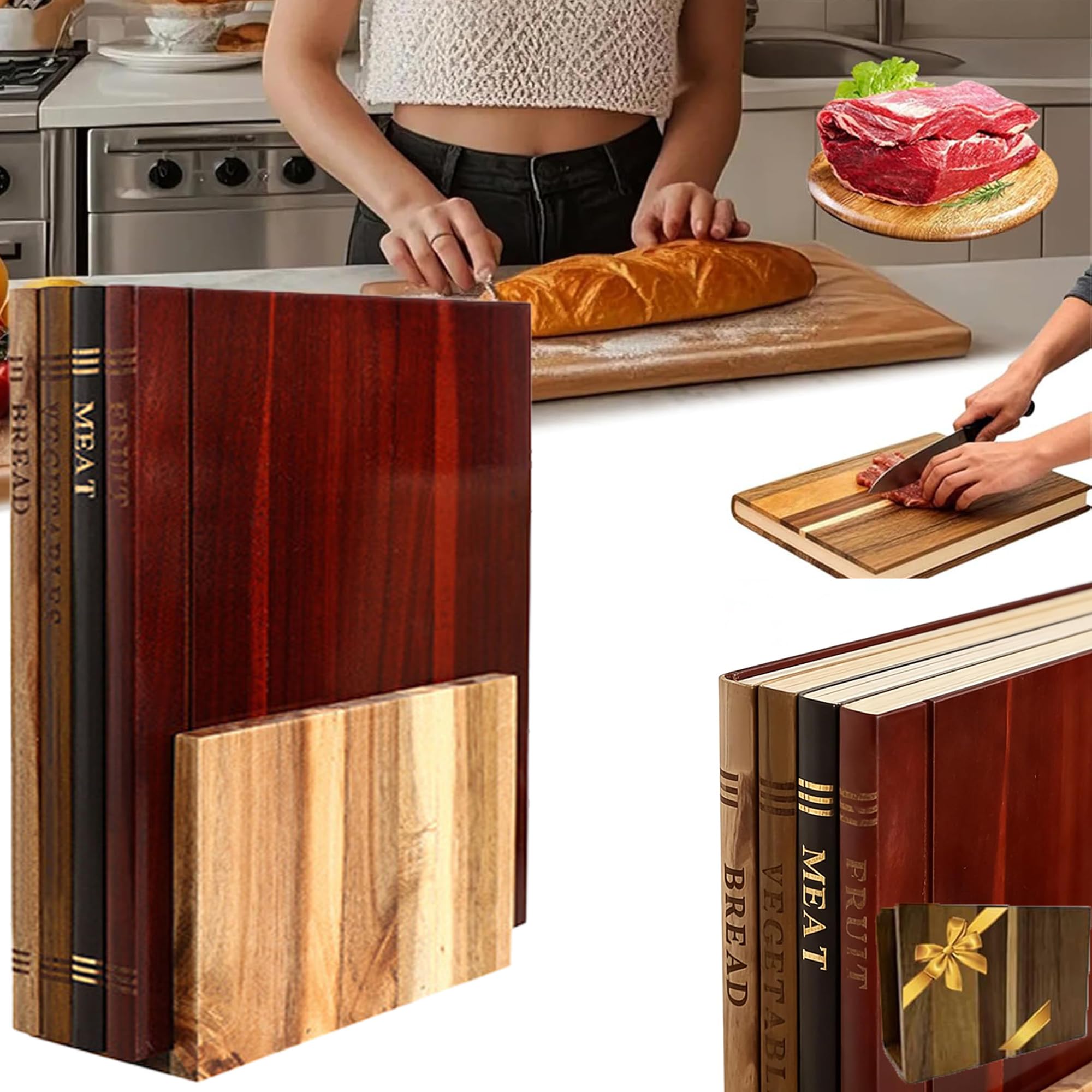 Schneidebrett Bibliothek Buchschneidebrett 4 Stück Schneidebrett Holz Set Mit Ständer, Book Shaped Cutting Board, Cutting Boards That Look Like Books Für Kochen Koch Obst Fleisch (5)