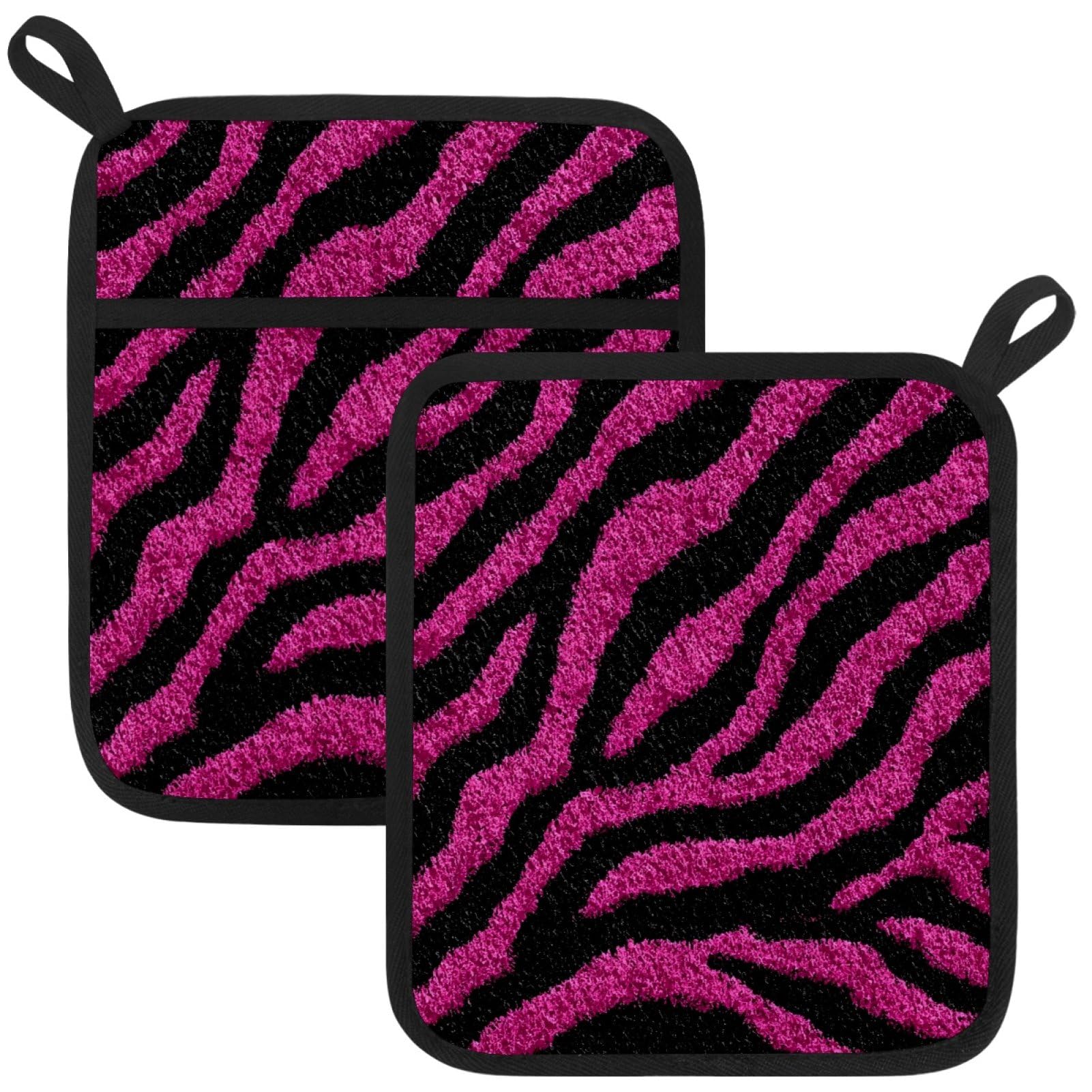 VAPOKF Pink Zebra Pattern Heat Resistant Pot Holders, Thick Pot Holders Pad with Hanging Loop for Kitchen, Oven Cloth Pads for Kitchen Baking Microwave Oven