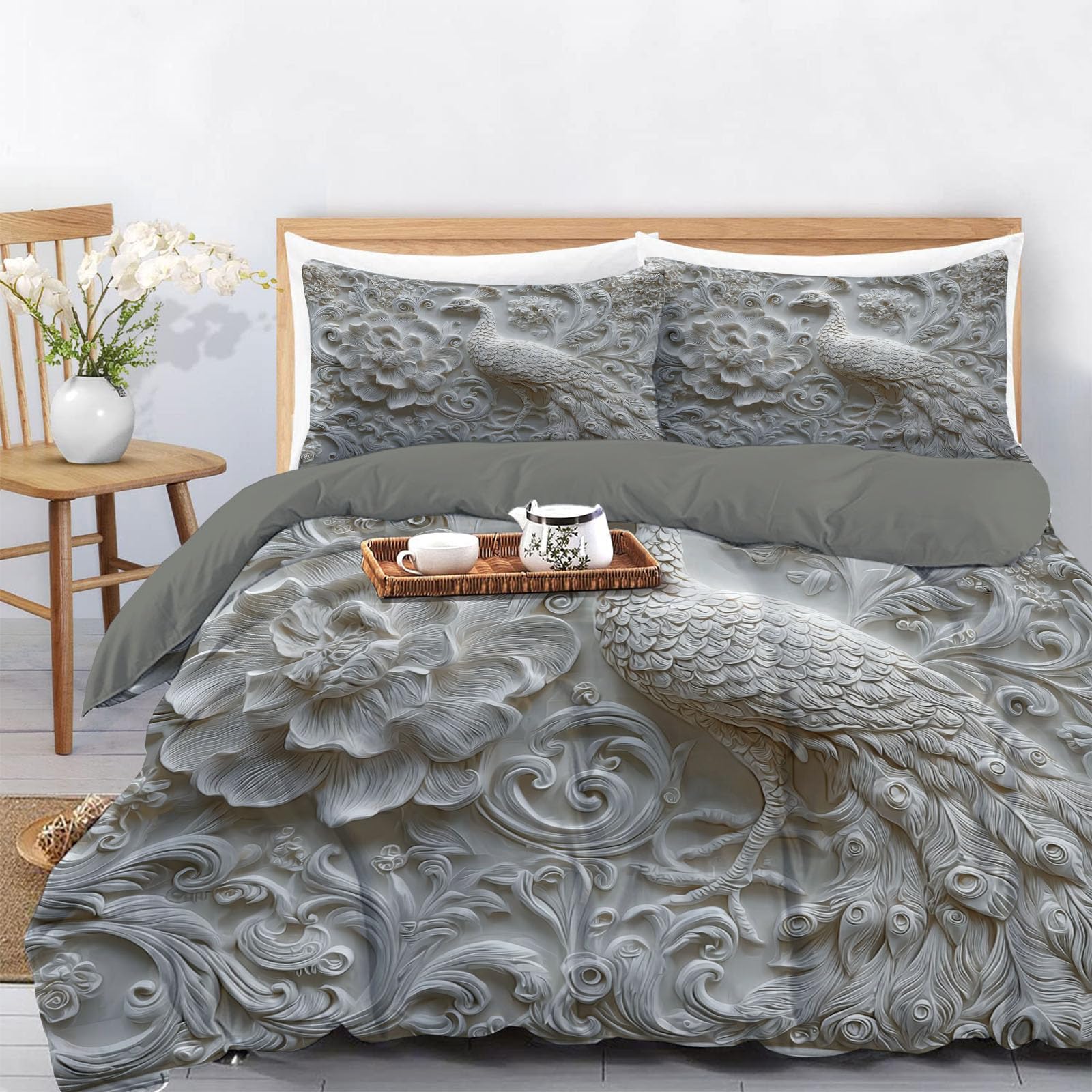Housse de couette 220x240 en microfine douce blanche texture 3D de prestige