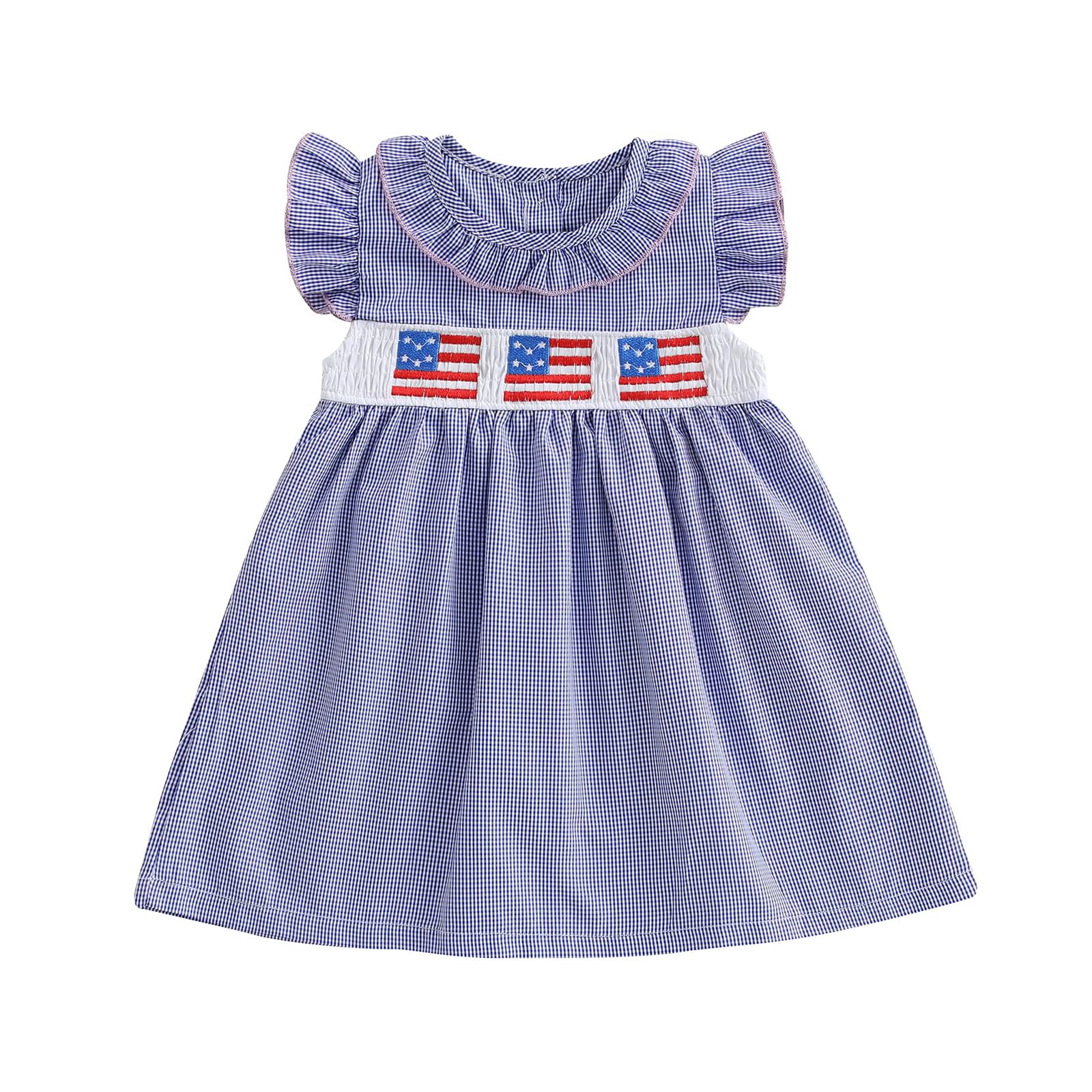 Suolongsama 4th of July Baby Girl Outfits Toddler Independence Day Smocked Dress Peter Pan Collar Flutter Sleeve Dresses (Blue, 3-4 Years)