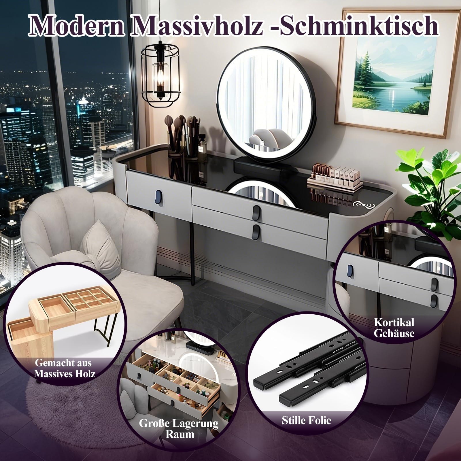 Kosmetiktisch mit Spiegel und Licht Schminktisch mit 6 Schubladen Massivholz Frisiertisch mit Stuhl, Schminktisch mit Bluetooth -Lautsprecher und Drahtloses Laden (Grau mit gehärtetem Glas A, 100CM)