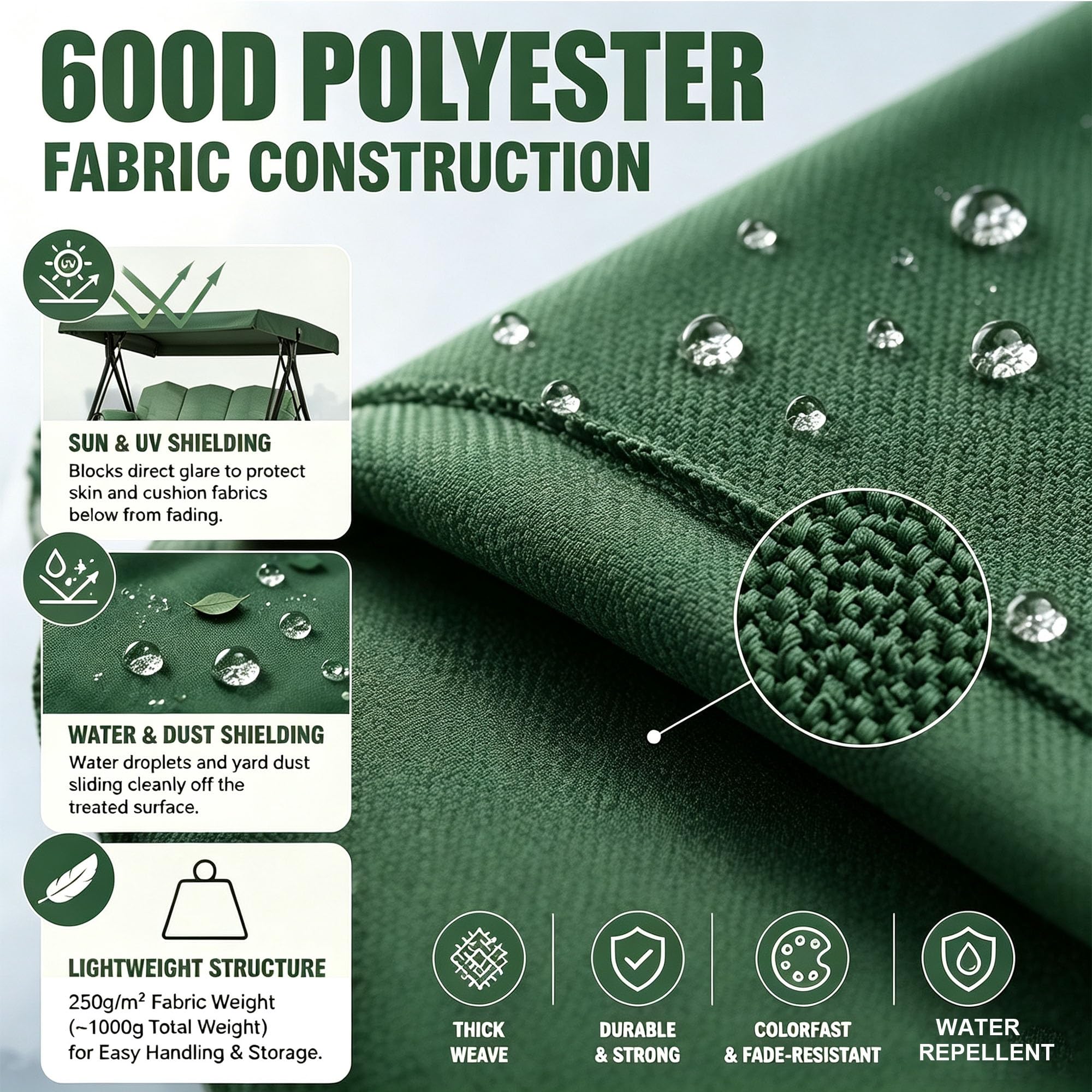 Telo Copri Altalena Esterno 2 3 Posti Impermeabile | Tessuto poliestere 600D, giardino terrazza, protezione sole pioggia, facile pulizia(Green,76.8 x 46.5 x 9.8 x 7.1in)