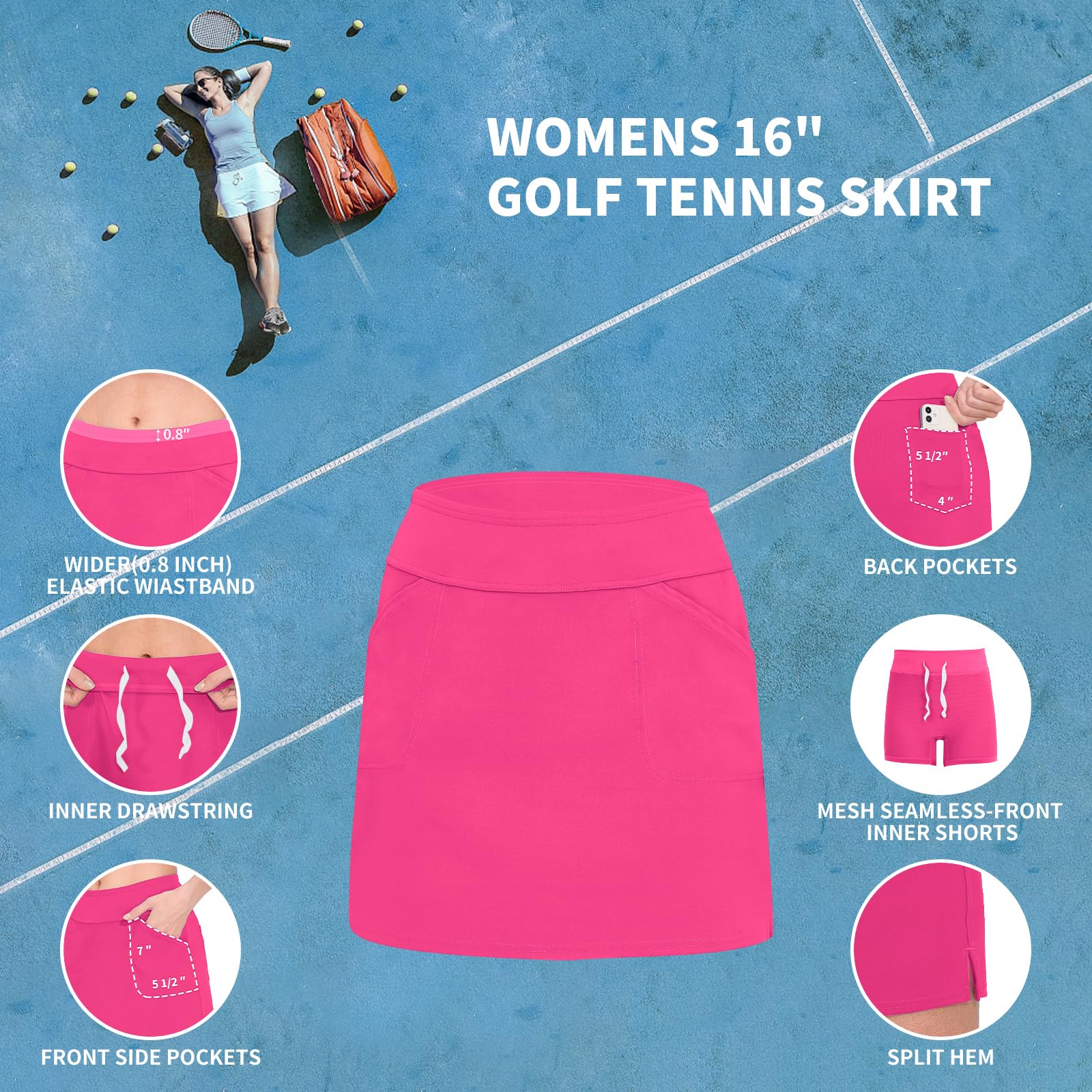 M MOTEEPI Falda de golf de 16 pulgadas para mujer, falda de tenis con 4 bolsillos de cintura alta, faldas atléticas