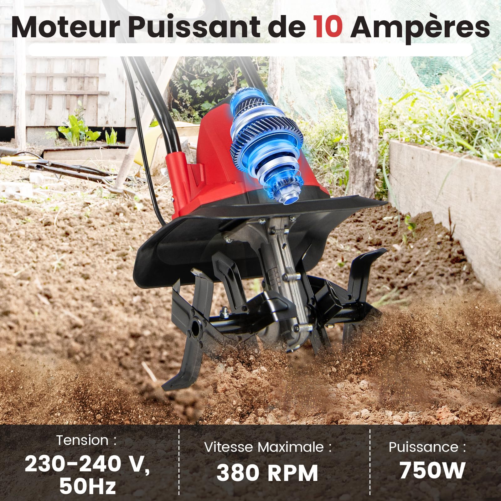 GOPLUS Motobineuse Electrique Filaire 750W, Motoculteur Manuelle à Fraise 10 A, Largeur de Travail et Profondeur de Travail 22 cm, Ameublisseur Électrique, Fraiseuse de Jardin (Rouge,Largeur 32,5)