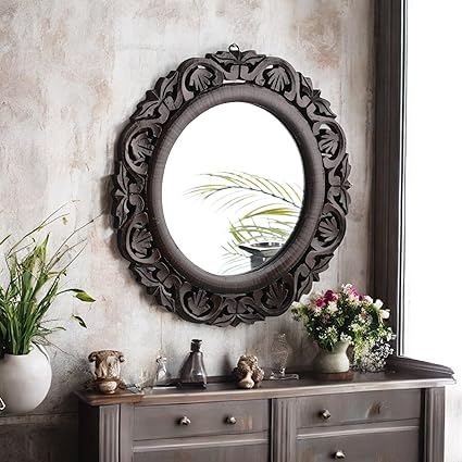 THE URBAN STORE Decorative Hand Crafted Wooden Round Shape Vanity Wall Mirror for Living Room, Bathroom, Bedroom (16
