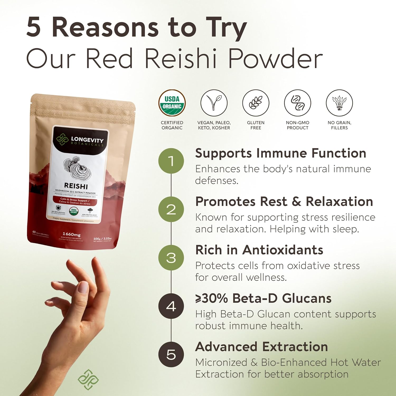 Longevity Botanicals Organic Reishi Mushroom Powder Supplement Extract 100g | Ganoderma Lucidum Fruiting Body | ≥30% Beta-D-Glucans | 60 Servings of 1,660mg | Supports Stress & Immune Wellness