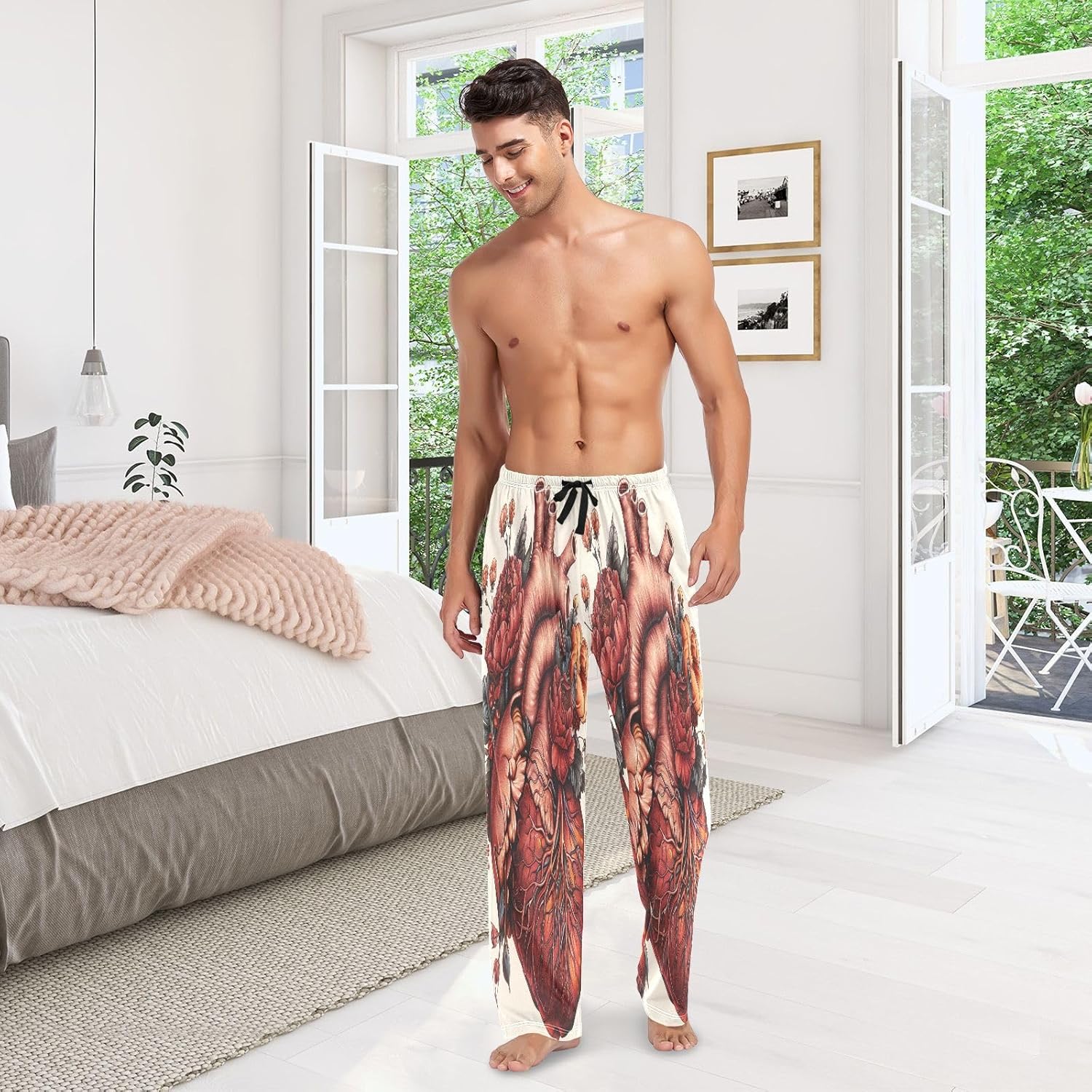 ALAZA Heart Flower Gothic Men's Pajama Pants Men Cotton Pajama Bottoms with Pockets, S