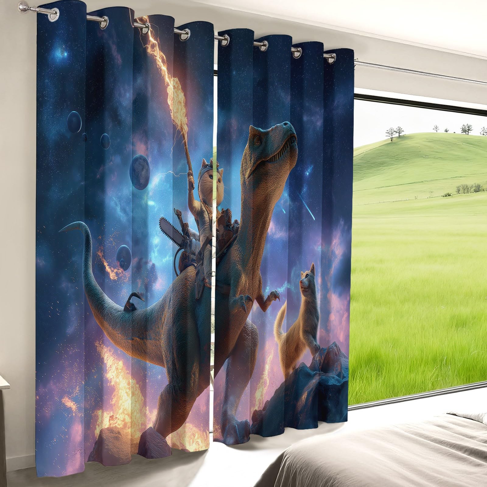 Générique Lot de 2 Rideaux Occultants Thermiques avec Oeillets, 100L X 220H cm Motif Fantastique Dinosaures Espace - Isolant Anti-Froid et Bruit pour Chambre Enfant et Salon Décoration Noir