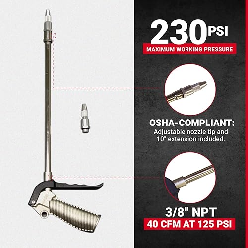 Miniatura 2 de Milton S-182 Turbo Pistola de soplado de empuñadura  10 pulgadas de alcance extendido y boquilla ajustable  40 CFM  230 PSI máximo