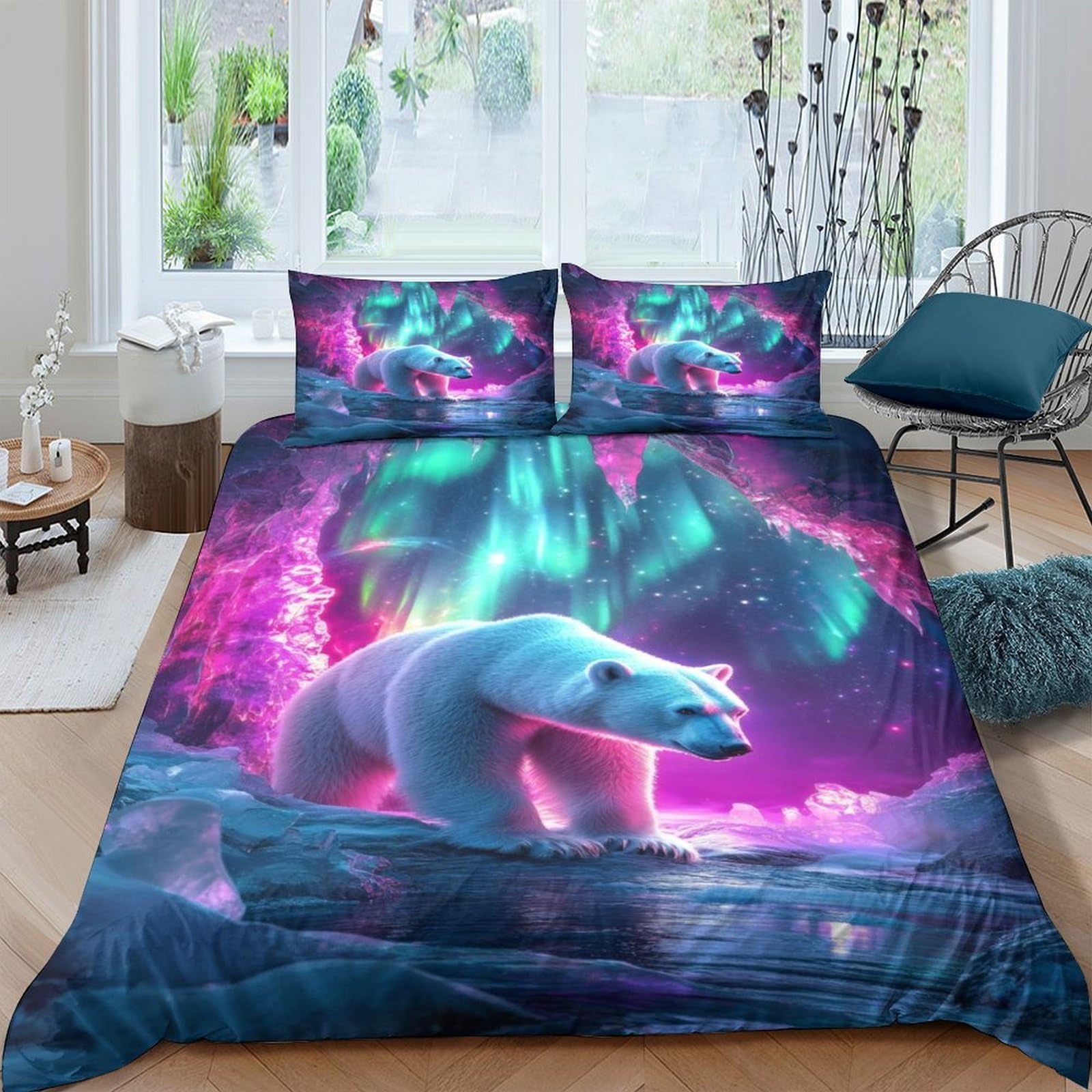 Ctjqhvkz Style-9 3D Printed Aurora Polar Bear Fitted Sheet Microfiber Soft Bedroom Decor Northern Lights Mattress Cover Single（135X200cm）
