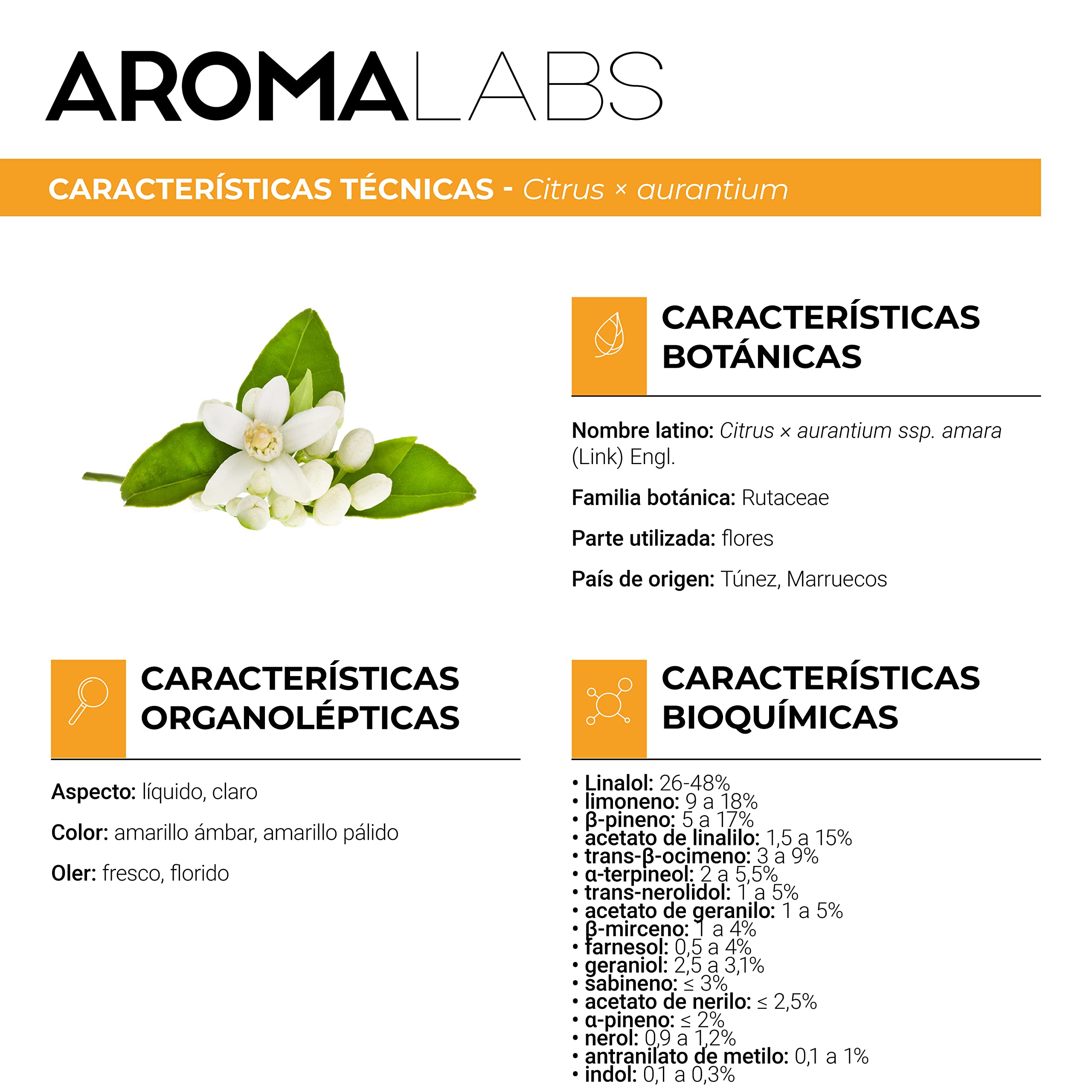Neroli BIO (Citrus aurantium - var. amara, flor) - 5 mL - Aceite Esencial Quimiotipado y Certificado AB - Aroma Labs
