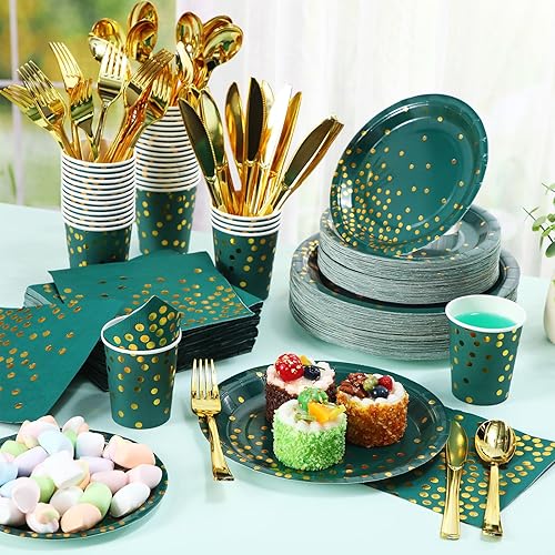 Miniatura 5 de 560 piezas de suministros de fiesta verde oscuro y dorado para 80 invitados, juegos de vajilla desechables, platos de papel verde, servilletas,
