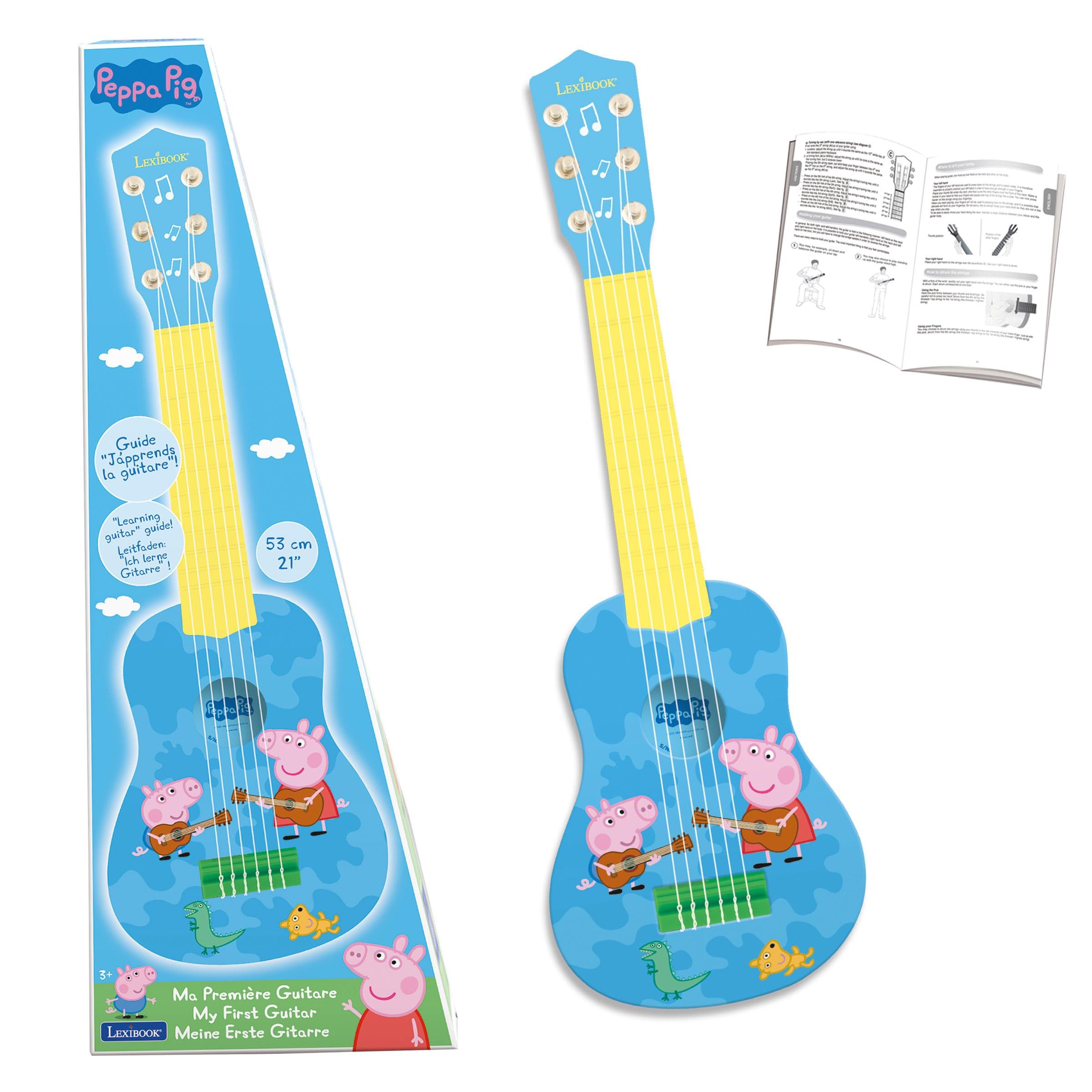 Lexibook, Peppa Pig, My First Guitar per bambini, 6 corde in nylon, lunghezza 53,3 cm, guida inclusa, blu/giallo, K200PPLXB