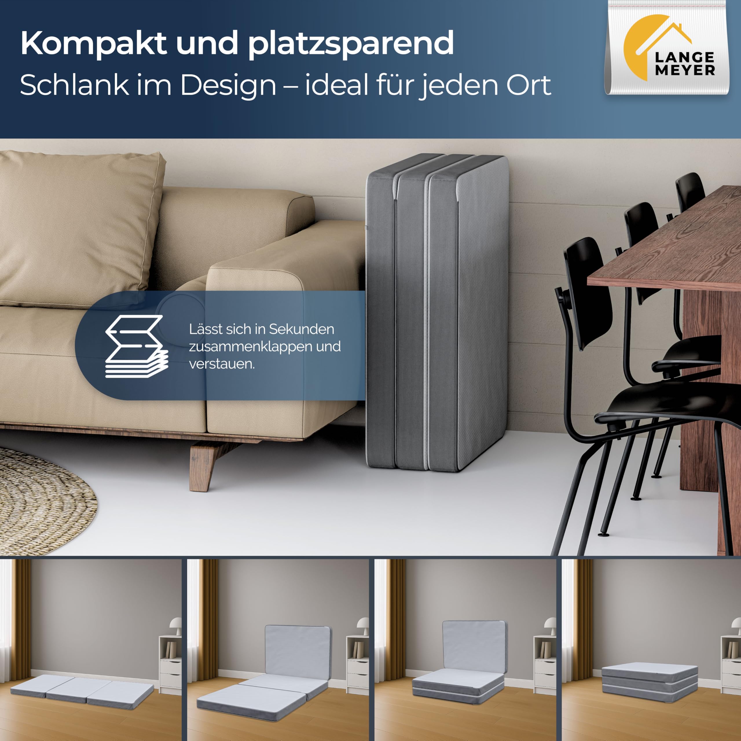 TwinComfort Klappmatratze 2 Härtegrade, 3-teilig faltbar mit Tragetasche, Gästebett & Faltmatratze für Erwachsene, Folding Mattress 90x200x12 cm