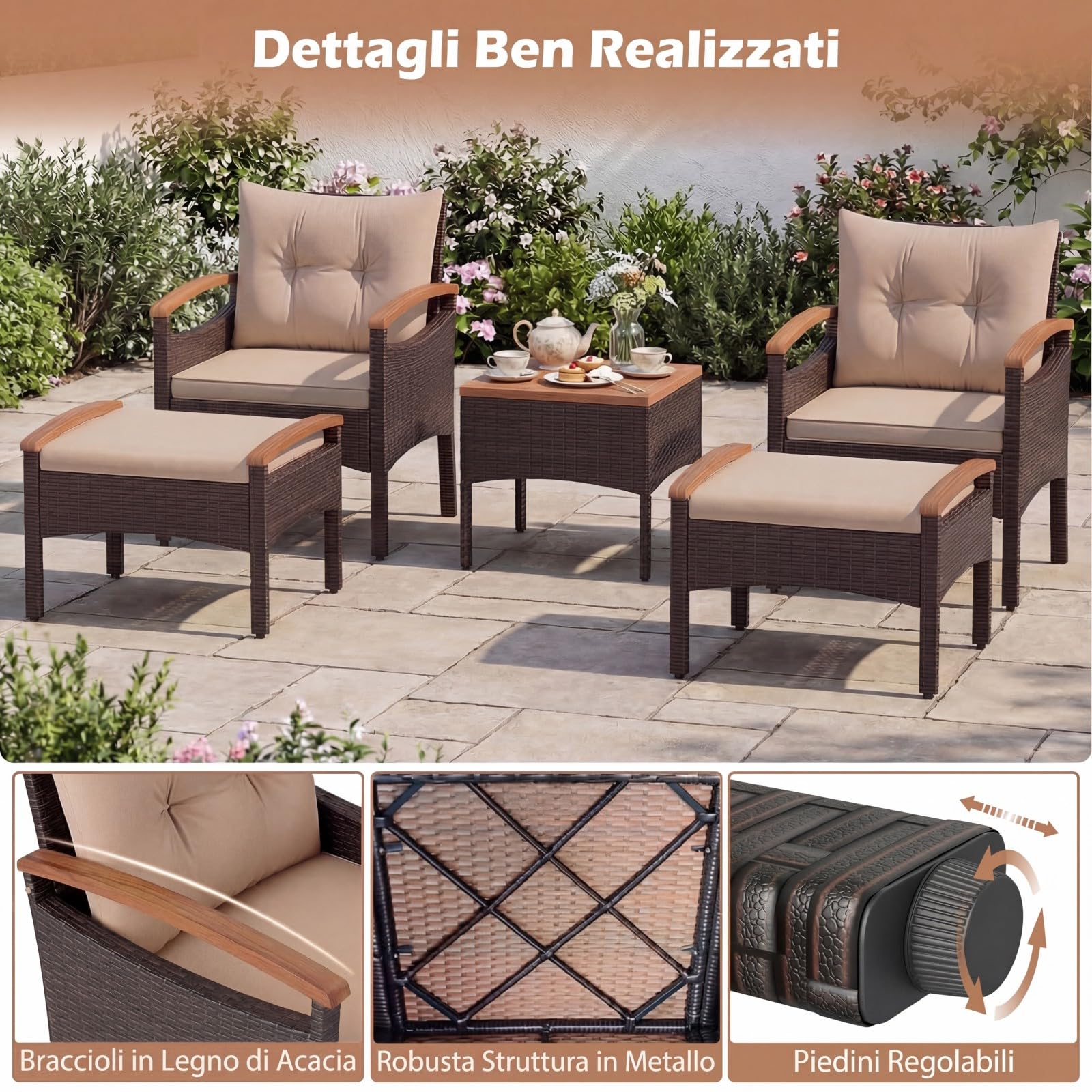 COSTWAY Set Salotto da Giardino in Rattan da 5 Pezzi con 2 Ottomane Marrone