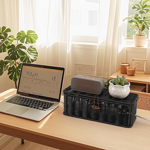 Miniatura 7 de Cable Management Box, Handwoven Faux Rattan Cord Organizer Box with Lid, 2 Open Slots Cable Organizer Box, Decorative Cord Hider Box for Tv Computer