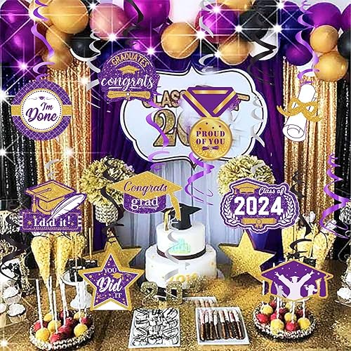 Miniatura 6 de Decoraciones de graduación morado, negro y dorado 2024morado dorado, decoraciones de fiesta de graduación NYU, 15 espirales colgantes de clase de