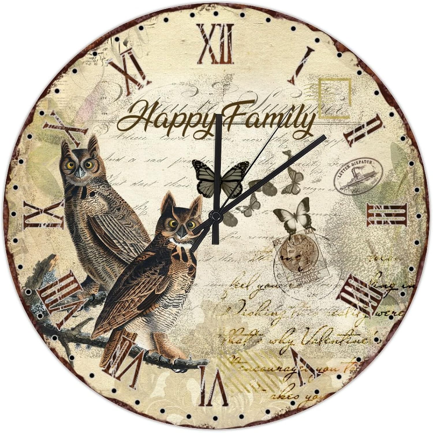 Happy Family Owl Hanging Clock 10in Roman Numerals Wooden Clock Silent Sweep Movement Battery Operated Tuscan Style Housewarming Gift Popular Wall Decor for Living Room Shop Countryside