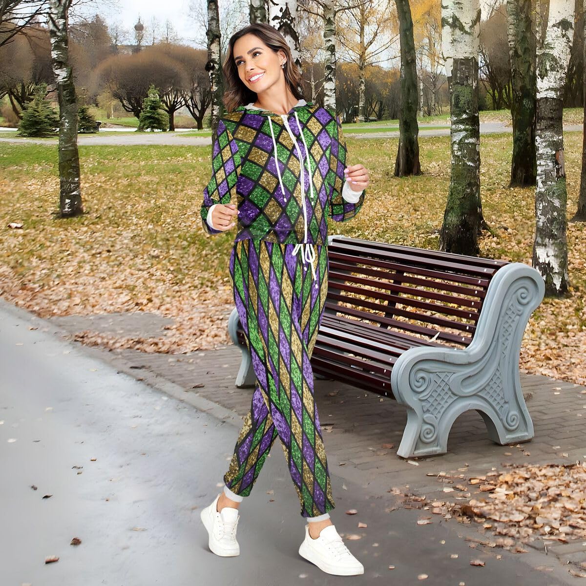 Conjunto deportivo de 2 piezas para mujer, color verde brillante, manga larga, diseño geométrico