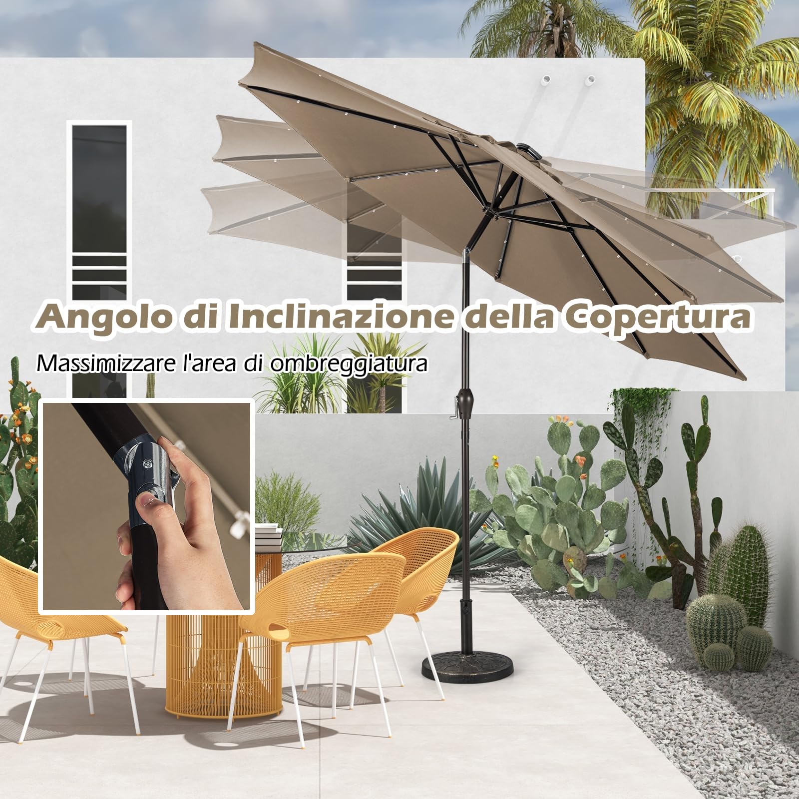 RELAX4LIFE Ombrellone da Giardino 3m/2,7m/2,3m con Luci LED, da Esterno per Protezione Solare, Parasole per Terrazza, Balcone, Spiaggia (Marrone-3M)