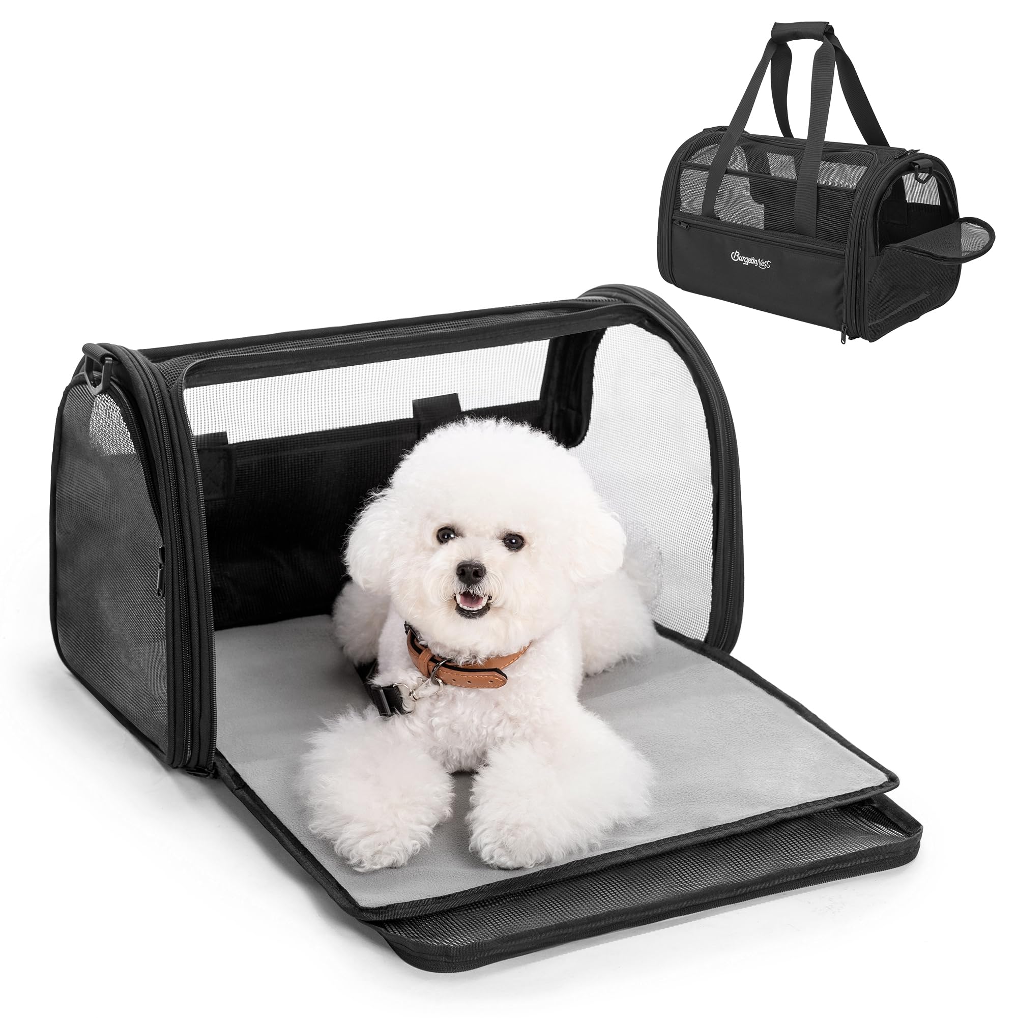 BurgeonNestSoft-Sided Dog Carrier Airplane Approved for Small Dogs Side-Expandable Pet Cat Carrier，Lightweight Puppy Purse 0-15 lbs, 17.7x11x11 Inchs Up to 16lbs, Black