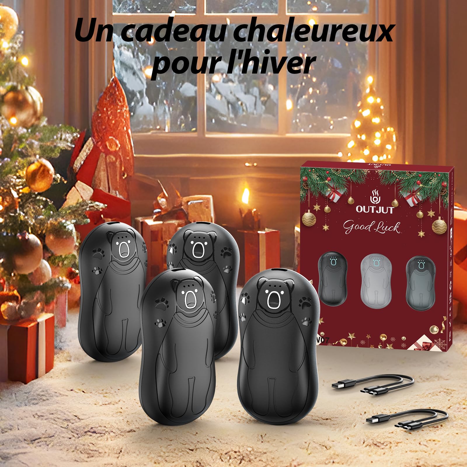 Chauffe Main Electrique 4PCS, Chaufferette Main Reutilisable, 3 Niveaux de Chauffe, 12000mAh Rechargeable par USB, Cadeaux Hiver Unisexes, pour Camping et Sports en Extérieur (Noir)