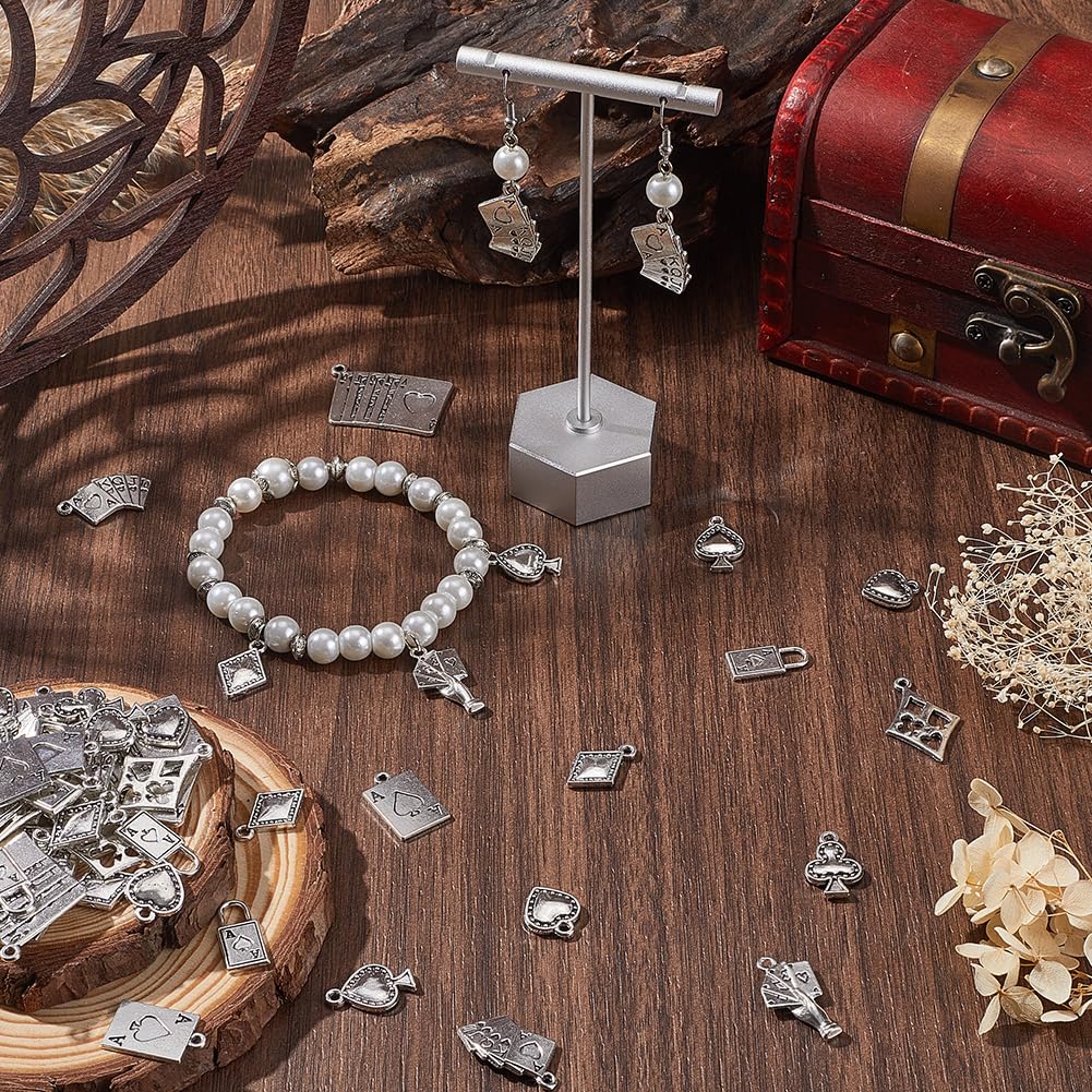 SUNNYCLUE 1 Box 80Pcs 10 Styles Silver Poker Charms Playing Cards Charms Tibetan Alloy Metal Ace of Spades Clue Games Rhombus Heart Lock Pendants for Jewelry Making Findings Necklaces DIY Crafts - Image 3