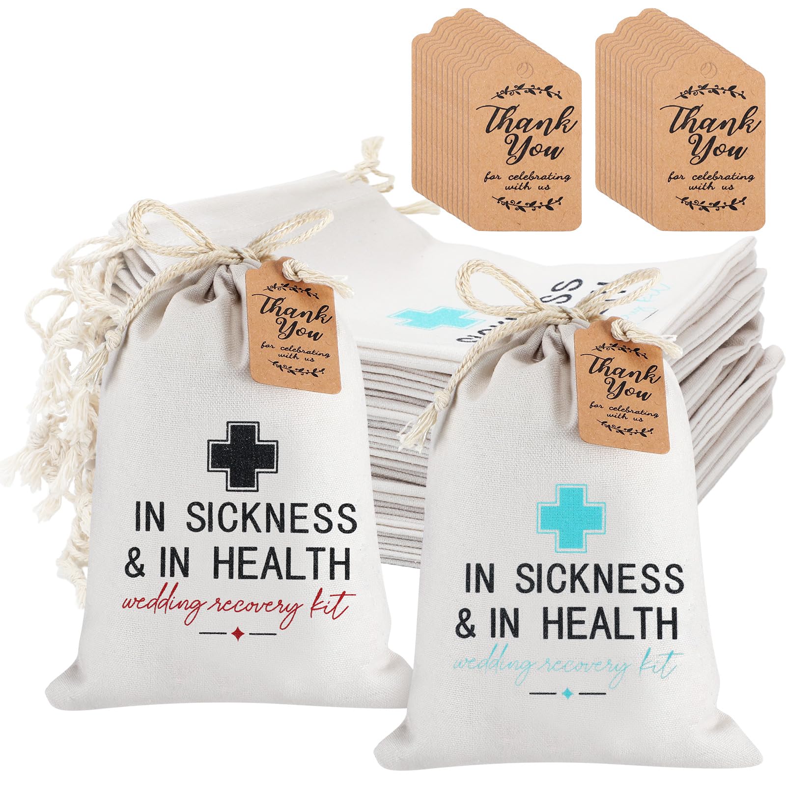 SATINIOR 24 Sets Hangover Recovery Kit Taschen 12,7 x 17,8 cm in Krankheit und Gesundheit Hochzeit Kater Survival Kit mit Dankeskarte und Kordelzug für Junggesellinnenabschied, Brautparty, Hochzeit
