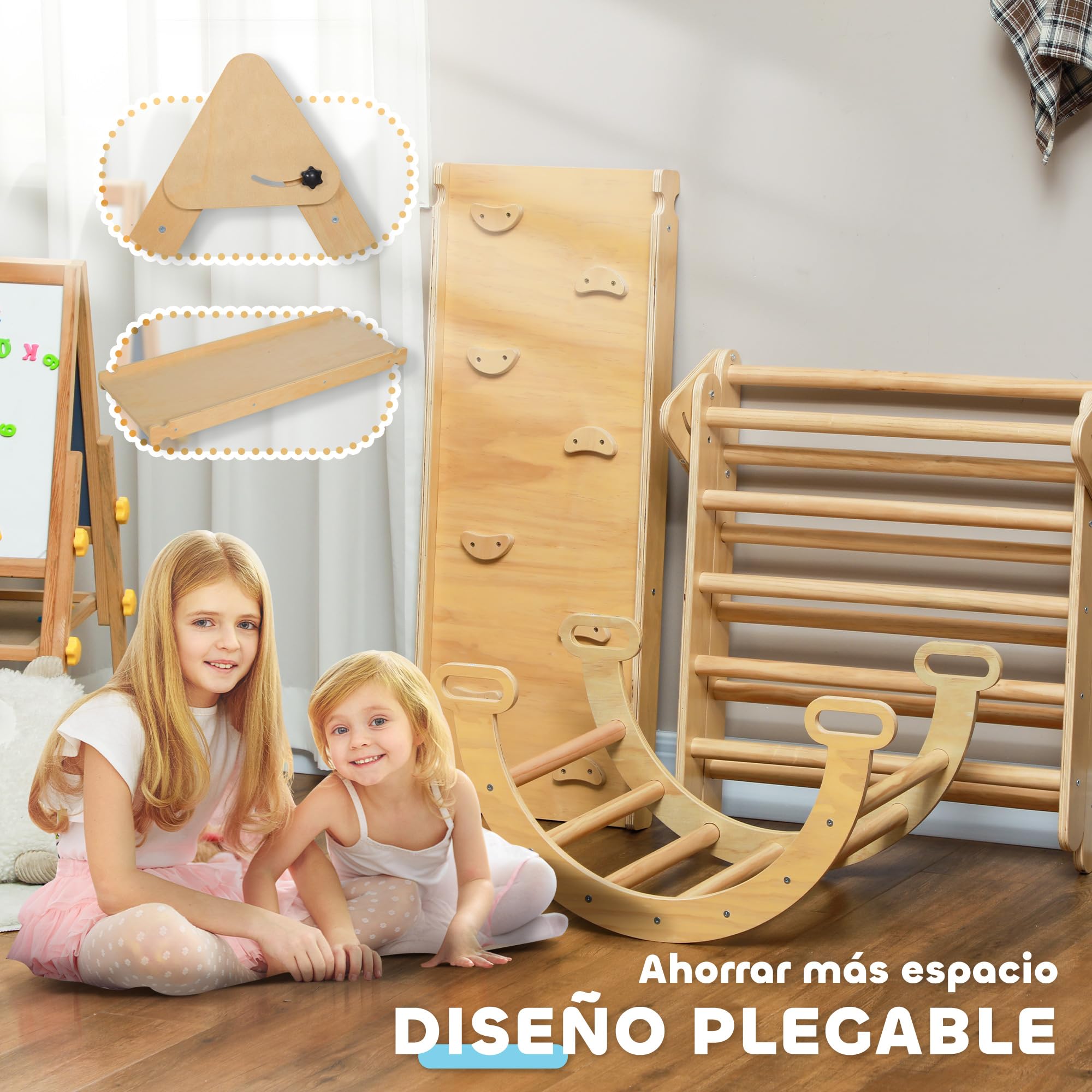 AIYAPLAY 5 en 1 Triángulo de Escalada Montessori con Arco y Rampa, Escalada para Niños de Madera Plegable, para 18-48 Meses, para Deslizarse o Escalar, 178x64,5 cm, Madera Natural