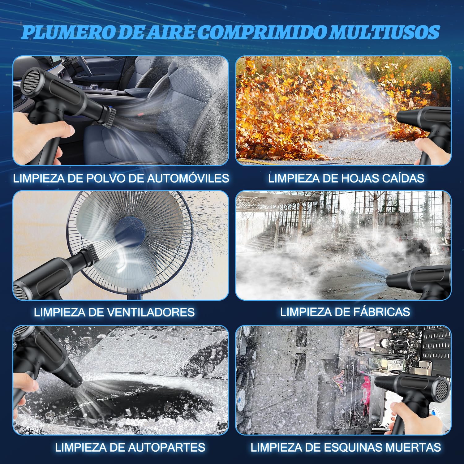 Soplador de Polvo Eléctrico 200000RPM,3 Velocidades Recargable Aire Comprimido Limpieza PC con Batteria10000mAh, Soplador Aire Comprimido para Laptop, Teclado, Casa y Auto.