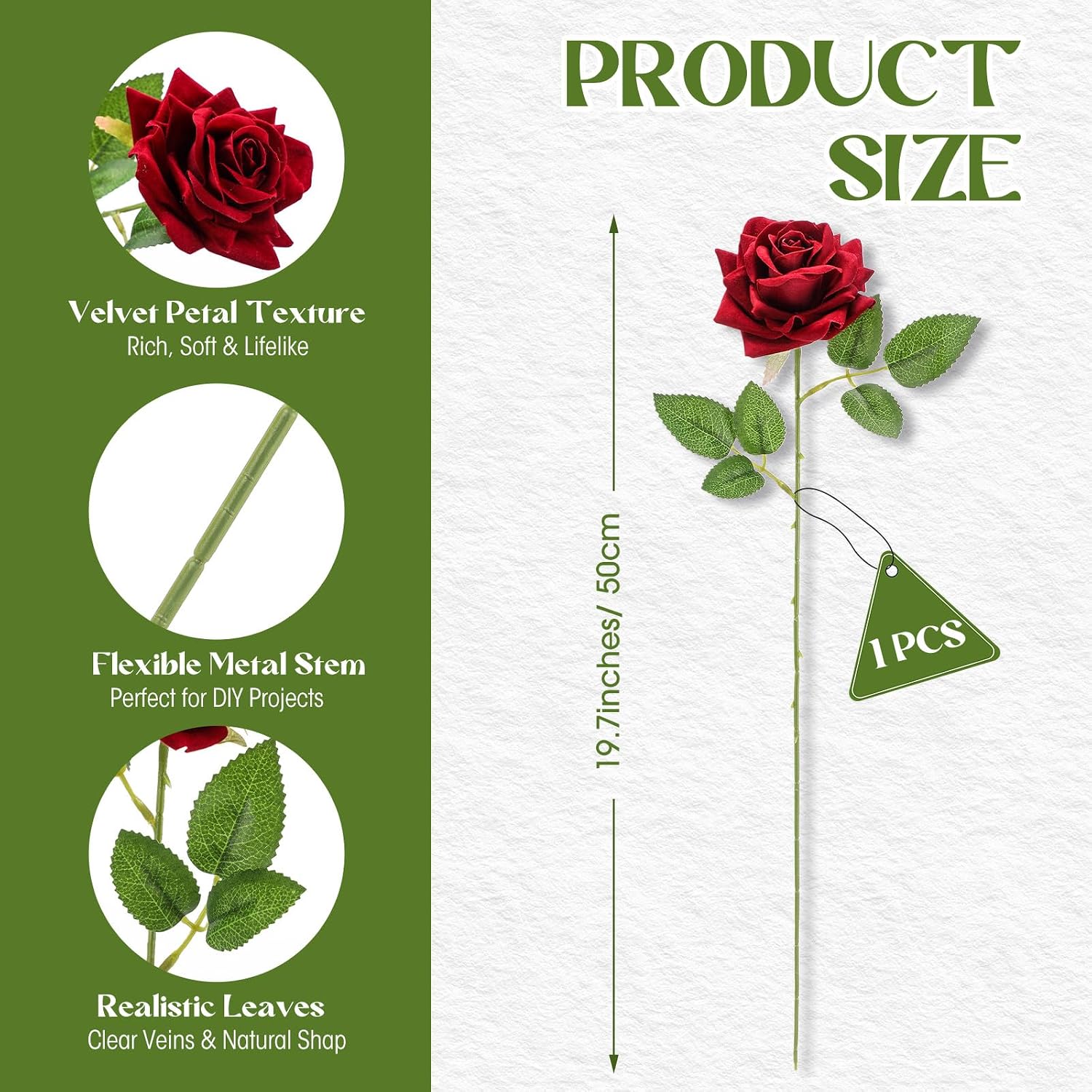Zeyune Velvet Single Roses Red Artificial Flowers, Fake Silk Rose Faux Look Real Florals for DIY Bouquet Wedding Centerpieces Party Home Decor