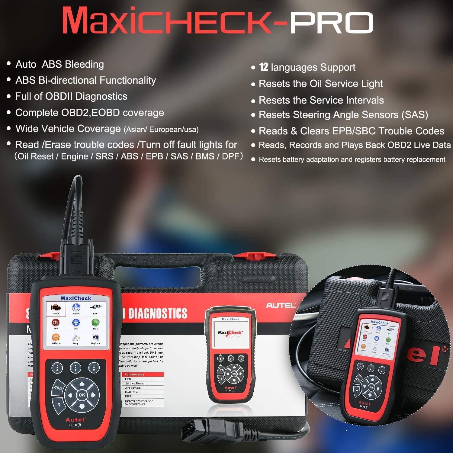 Autel MaxiCheck Pro Herramienta Escaneo Purga Automática Purga Frenos ABS | Escáner Diagnóstico OBD2 ABS SRS, Reinicio Aceite, BMS, EPB, Airbag, Servicios SAS para Vehículos Específicos
