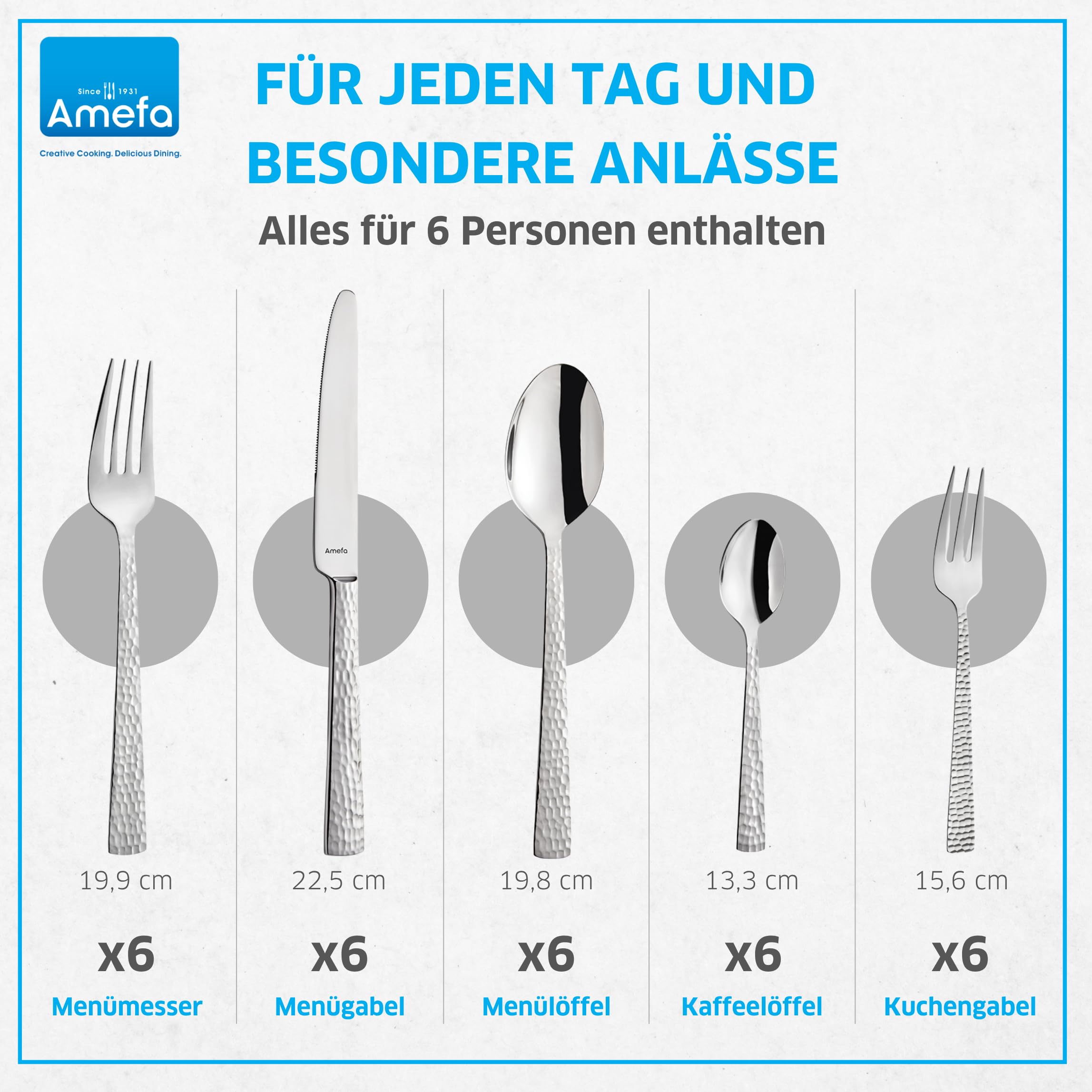 Amefa FELICITY Besteckset 30-teilig Edelstahl, Hochwertiges Besteck Set für 6 Personen, Gehämmert, Essbesteck im Hammerschlag-Design, Edelstahlbesteck