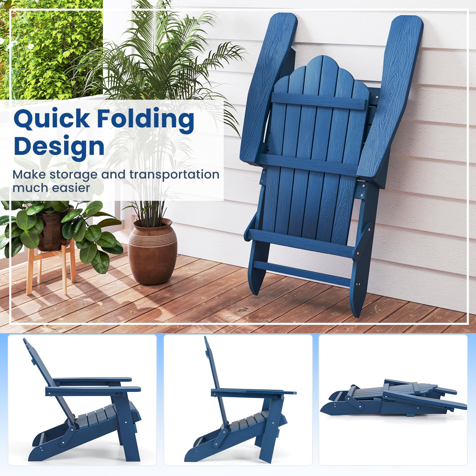 GIANTEX Silla Adirondack Plegable de Jardín, Respaldo Inclinado y Reposabrazos Anchos, Carga hasta 180 kg, Silla de Relax para Jardín, Patio, Balcón (Azul)