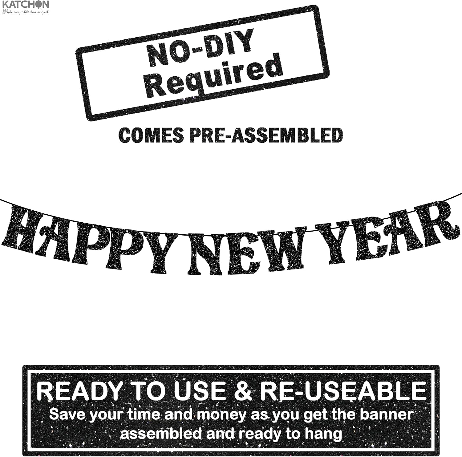 KatchOn, Glitter Black Happy New Year Banner 2026-10 Feet, No DIY | Glitter Pre-Strung Hello 2026 & Happy New Years sign for Happy New Year Decorations 2026 | NYE Party Garland | NYE Decorations 2026